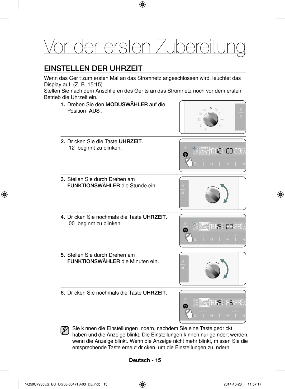 Samsung NQ50C7935ES/EG manual Vor der ersten Zubereitung, Einstellen DER Uhrzeit 