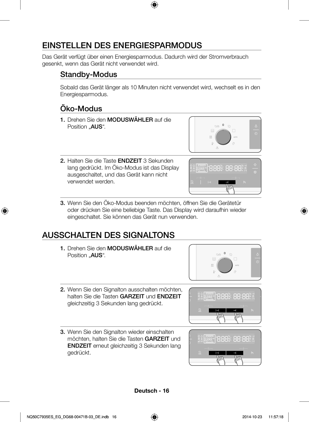 Samsung NQ50C7935ES/EG manual Einstellen DES Energiesparmodus, Ausschalten DES Signaltons, Standby-Modus, Öko-Modus 