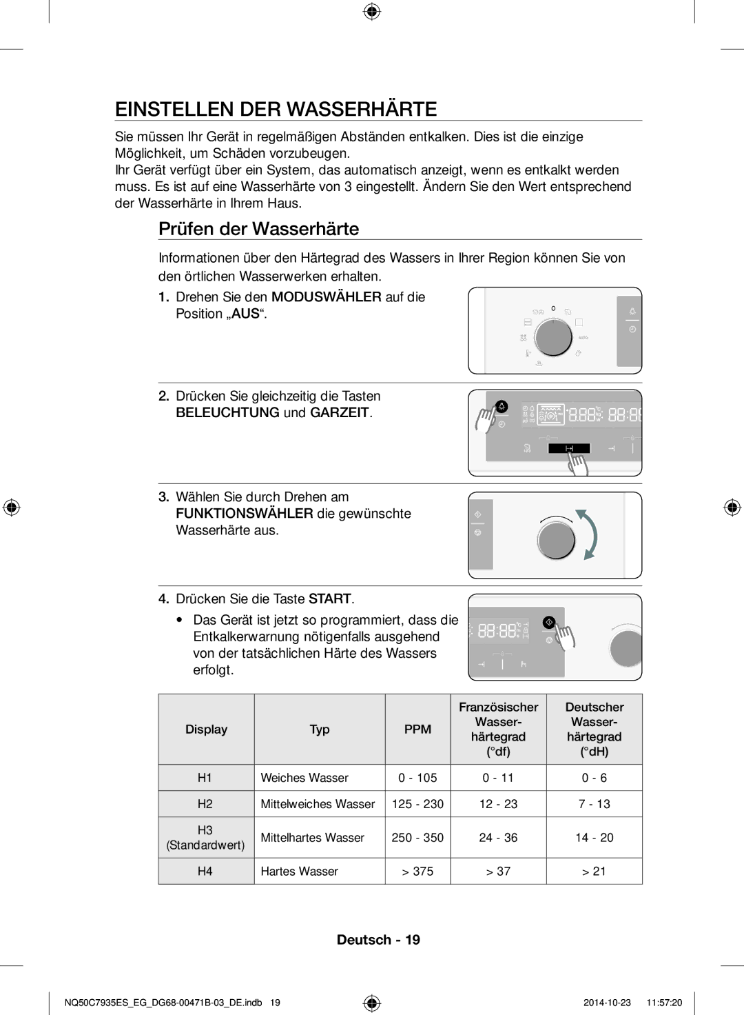 Samsung NQ50C7935ES/EG manual Einstellen DER Wasserhärte, Prüfen der Wasserhärte 