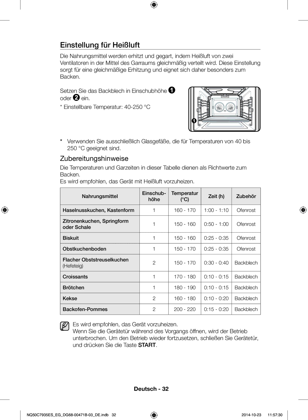 Samsung NQ50C7935ES/EG manual Einstellung für Heißluft 