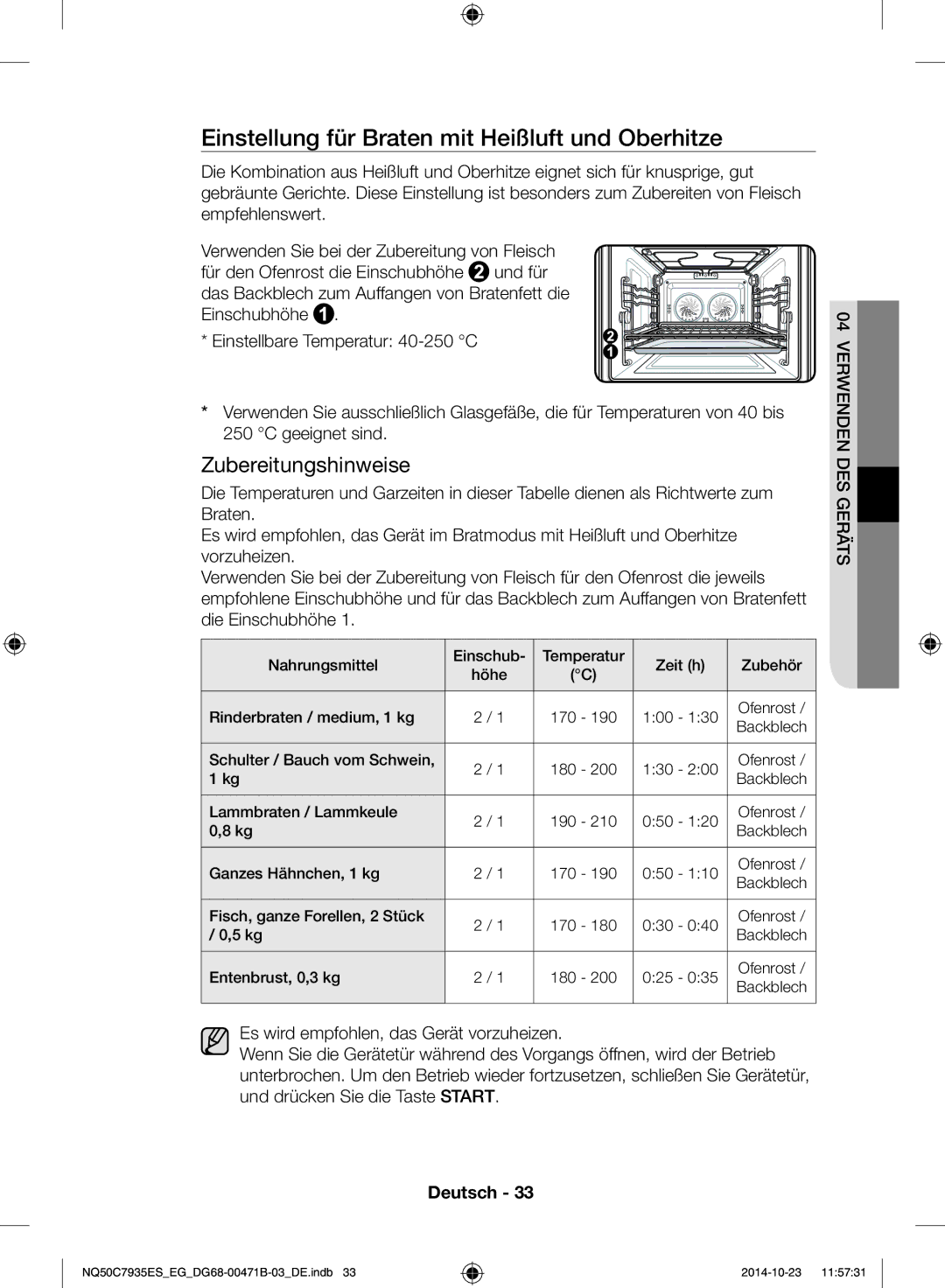 Samsung NQ50C7935ES/EG manual Einstellung für Braten mit Heißluft und Oberhitze 