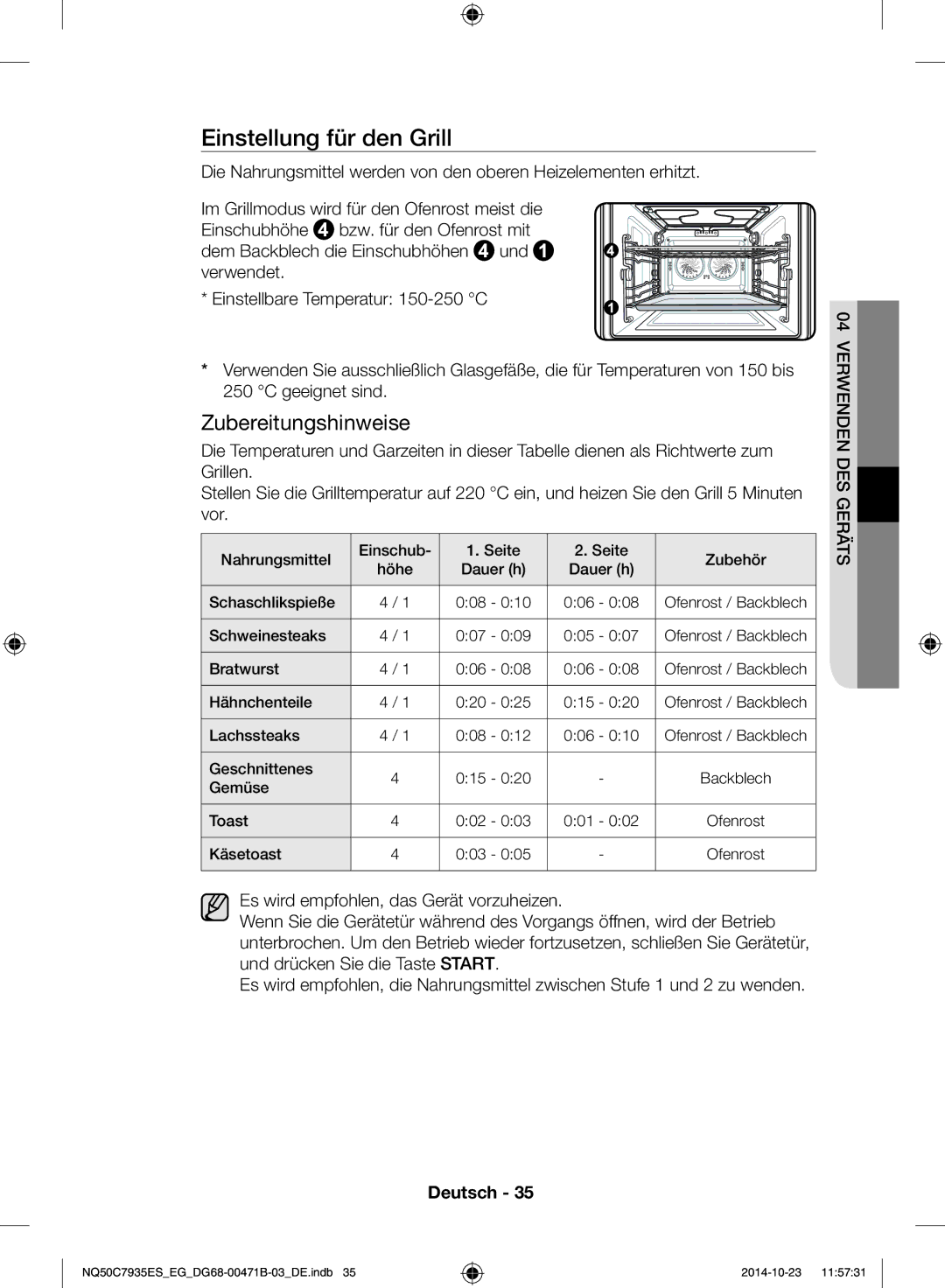 Samsung NQ50C7935ES/EG manual Einstellung für den Grill 