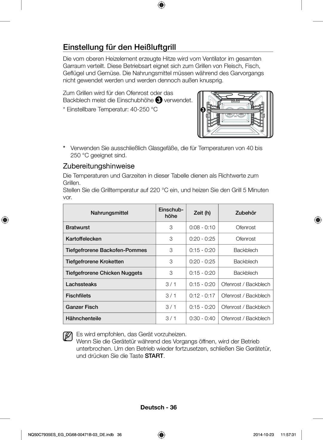 Samsung NQ50C7935ES/EG manual Einstellung für den Heißluftgrill 