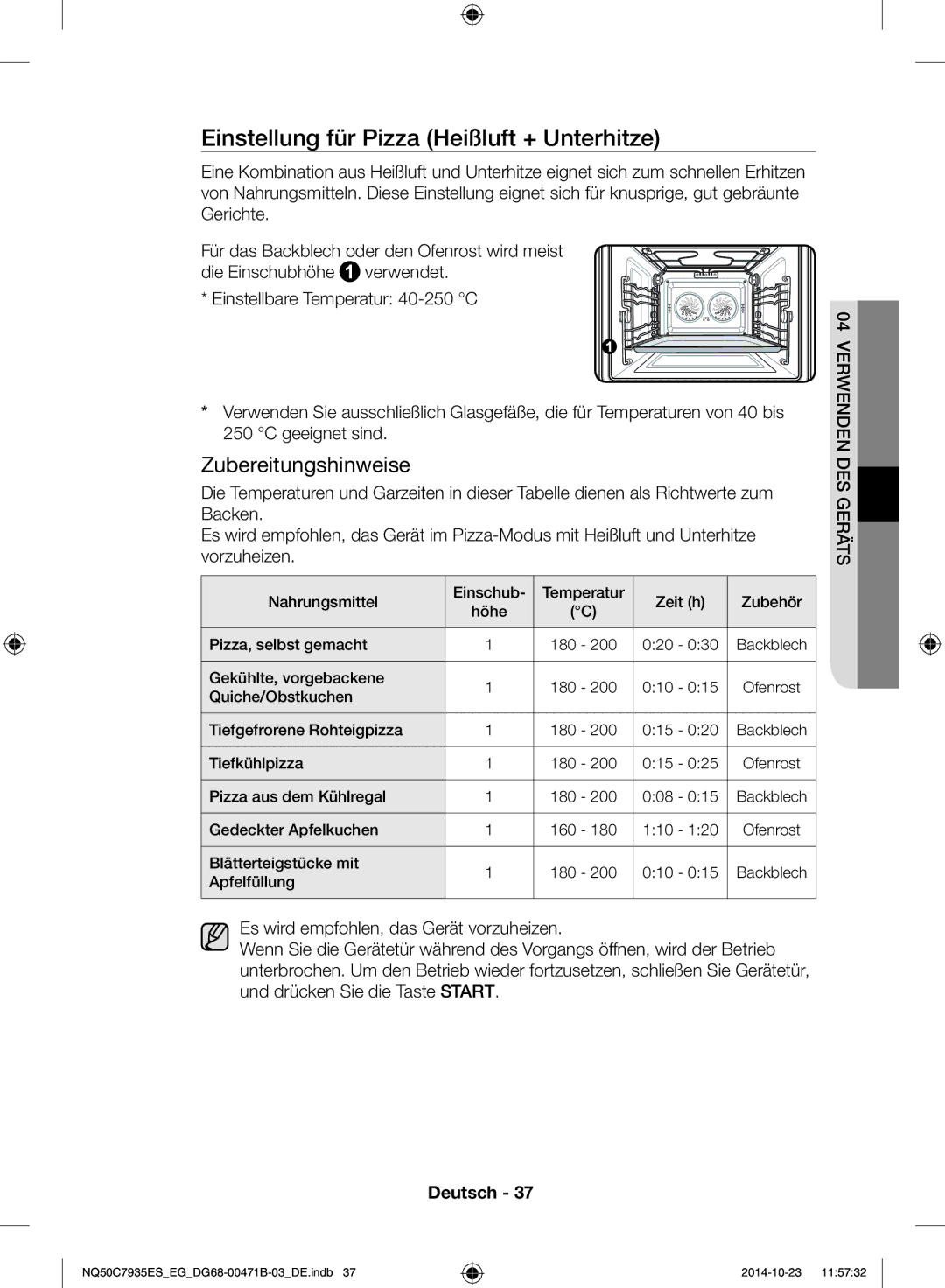 Samsung NQ50C7935ES/EG manual Einstellung für Pizza Heißluft + Unterhitze 