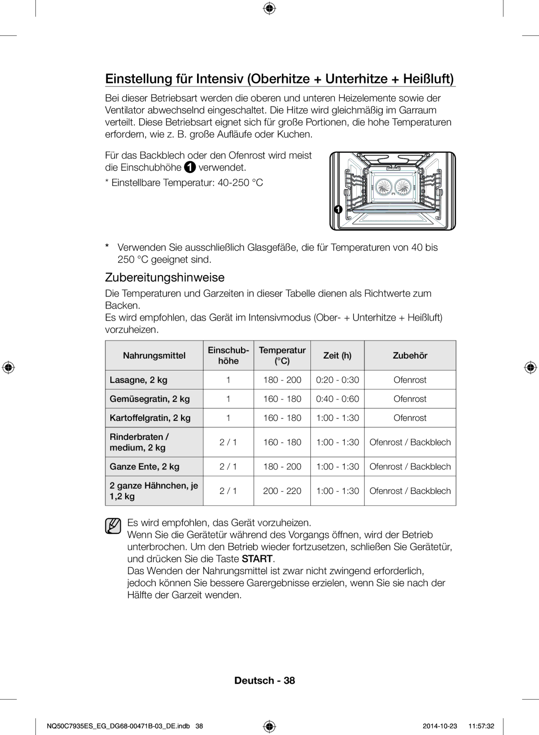 Samsung NQ50C7935ES/EG manual Einstellung für Intensiv Oberhitze + Unterhitze + Heißluft 