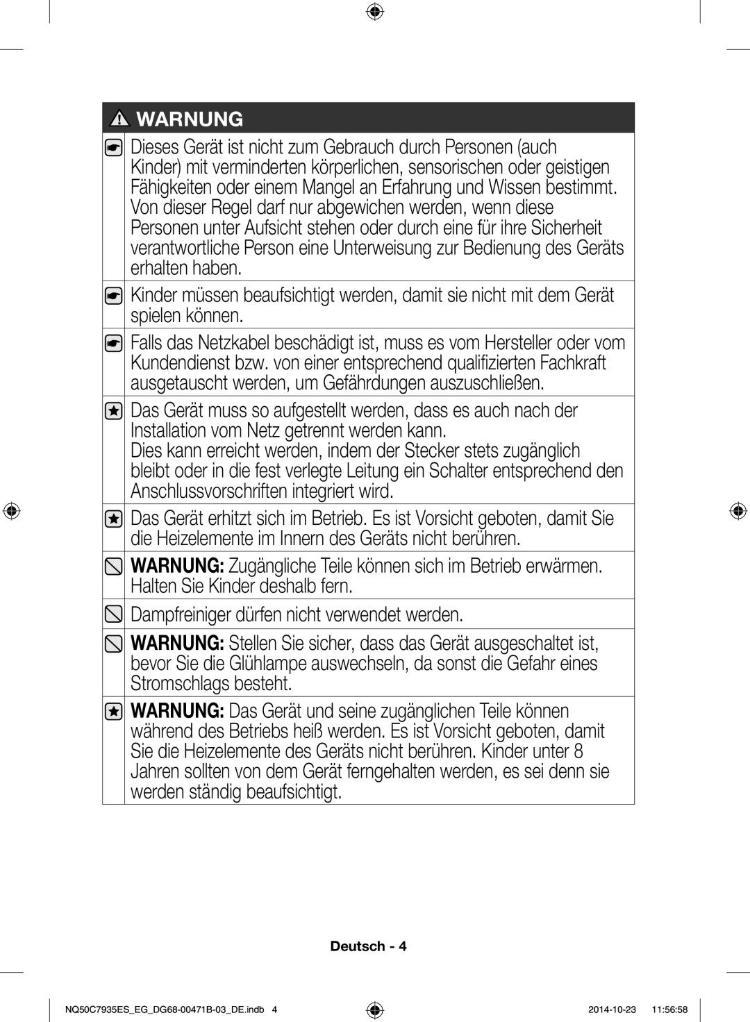 Samsung NQ50C7935ES/EG manual Warnung 