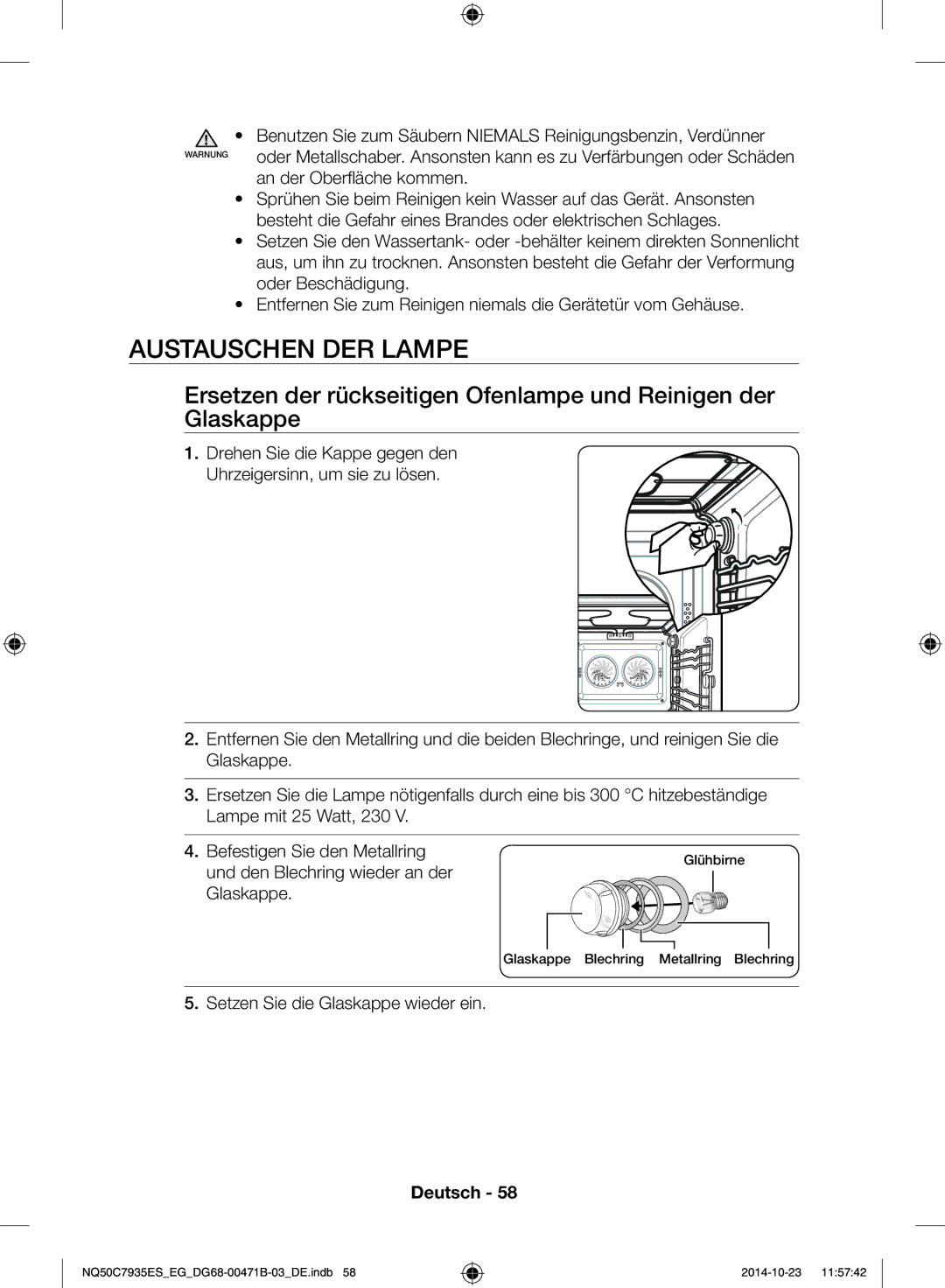 Samsung NQ50C7935ES/EG manual Austauschen DER Lampe, An der Oberfläche kommen 