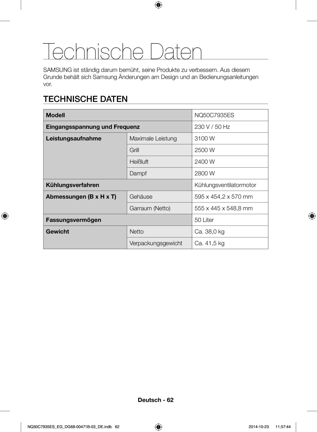 Samsung NQ50C7935ES/EG manual Technische Daten 