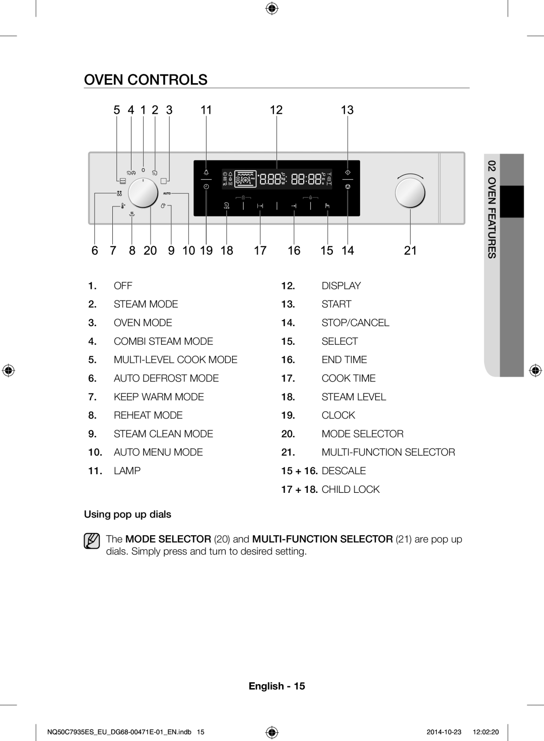 Samsung NQ50C7935ES/EU manual Oven controls, Lamp 