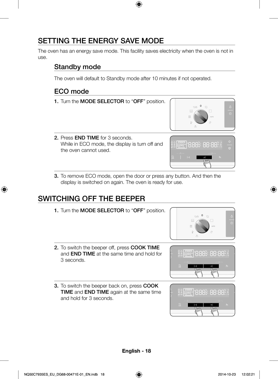 Samsung NQ50C7935ES/EU manual Setting the energy save mode, Switching off the beeper, Standby mode, ECO mode 