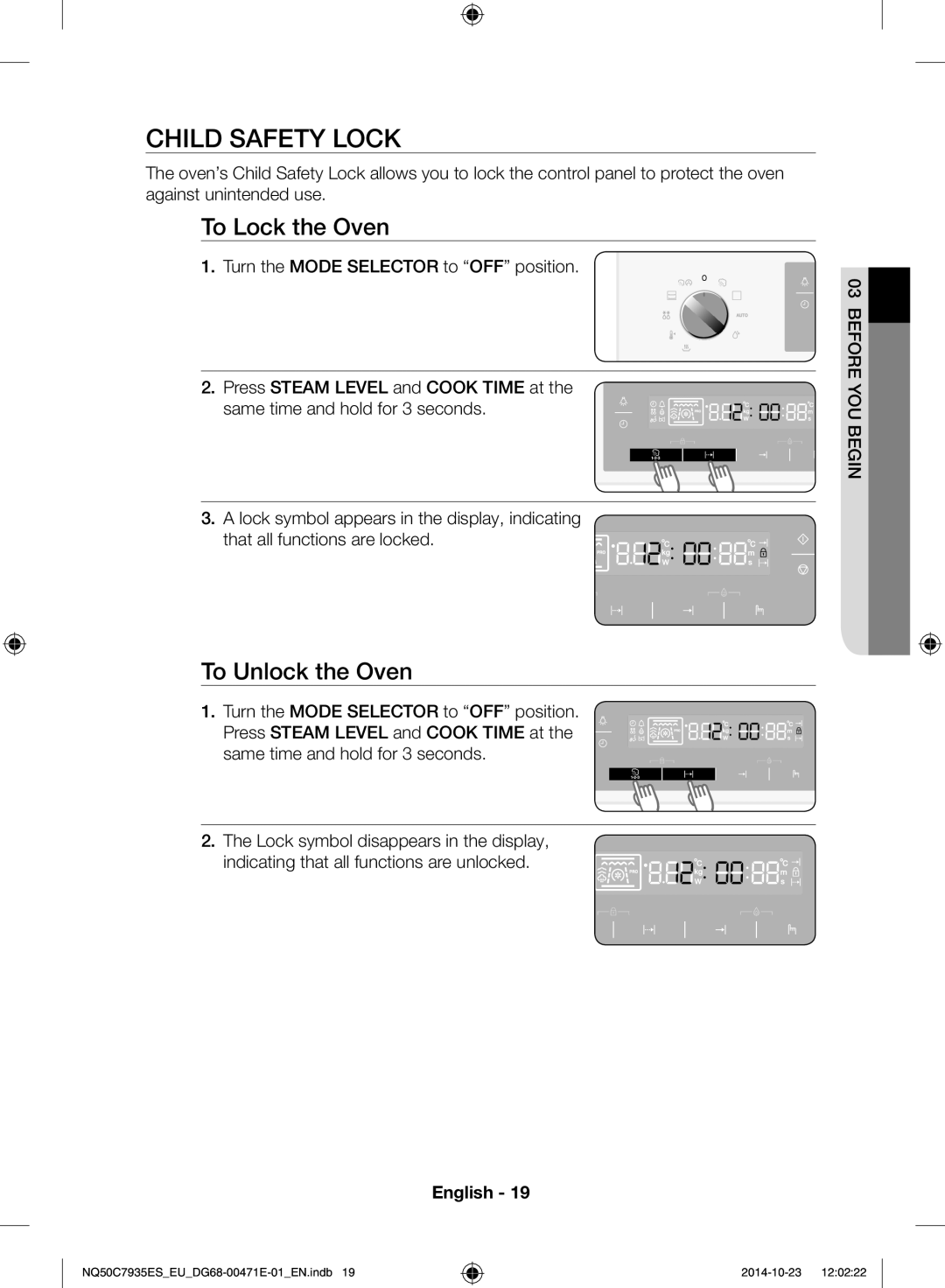 Samsung NQ50C7935ES/EU manual Child safety lock, To Lock the Oven, To Unlock the Oven 