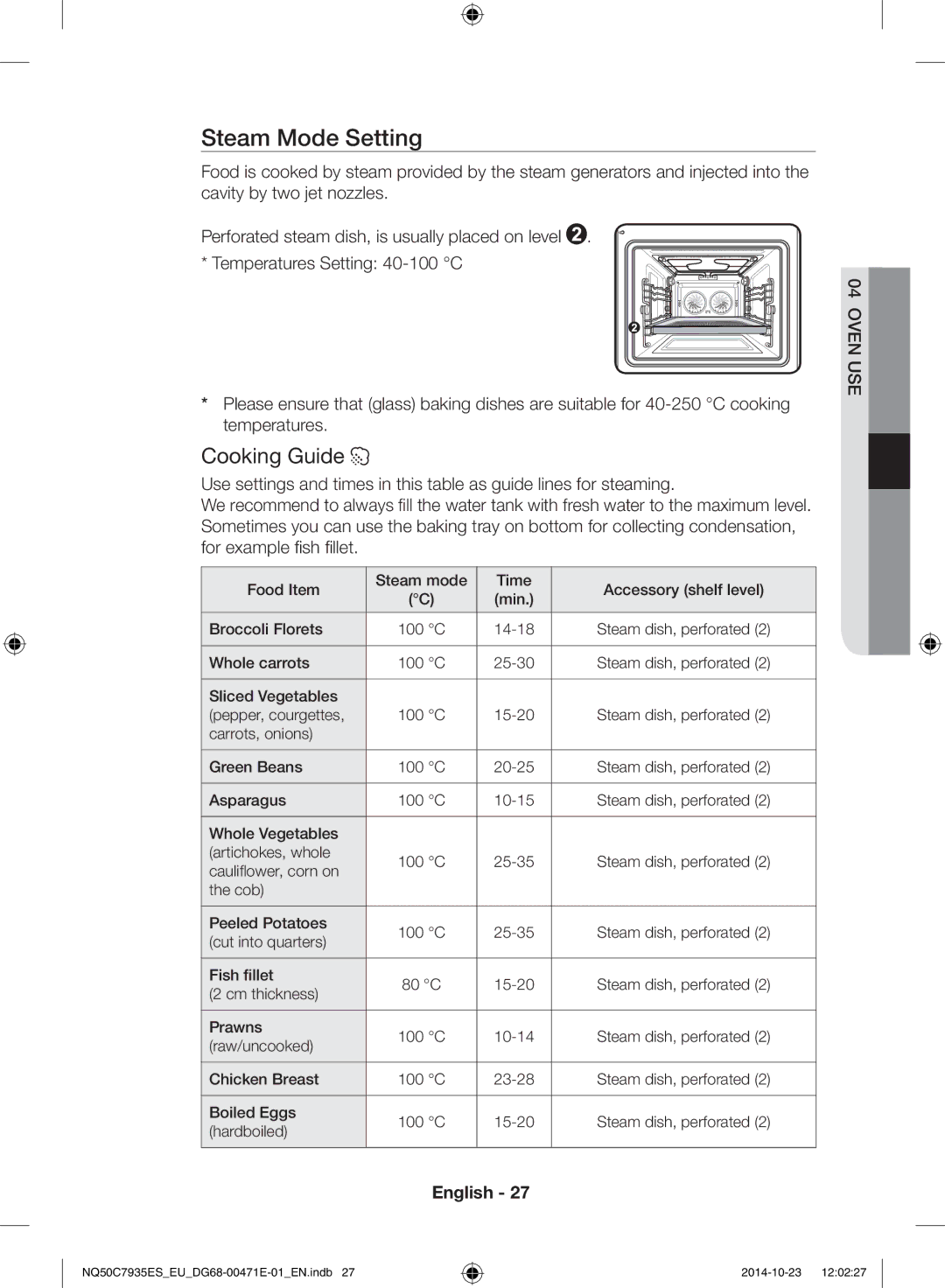 Samsung NQ50C7935ES/EU manual Steam Mode Setting, Cooking Guide 