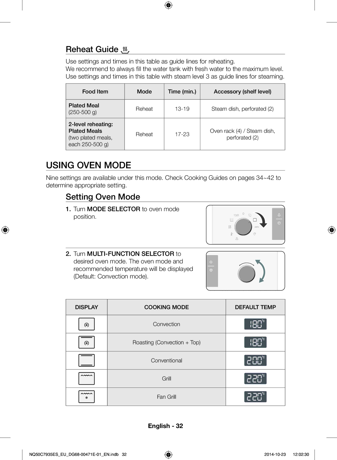 Samsung NQ50C7935ES/EU manual Using oven mode, Reheat Guide, Setting Oven Mode 