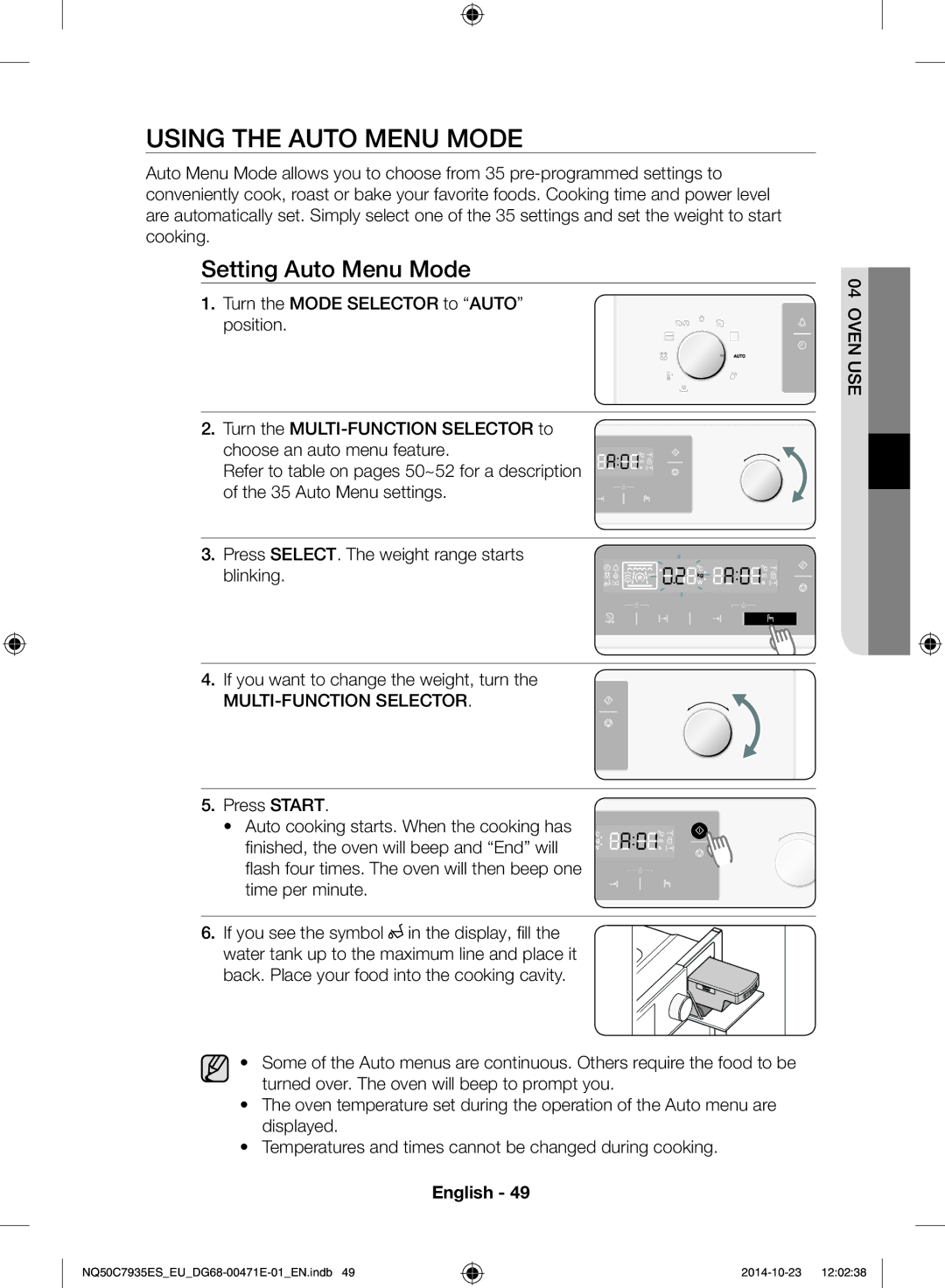 Samsung NQ50C7935ES/EU manual Using the auto menu mode, Setting Auto Menu Mode 