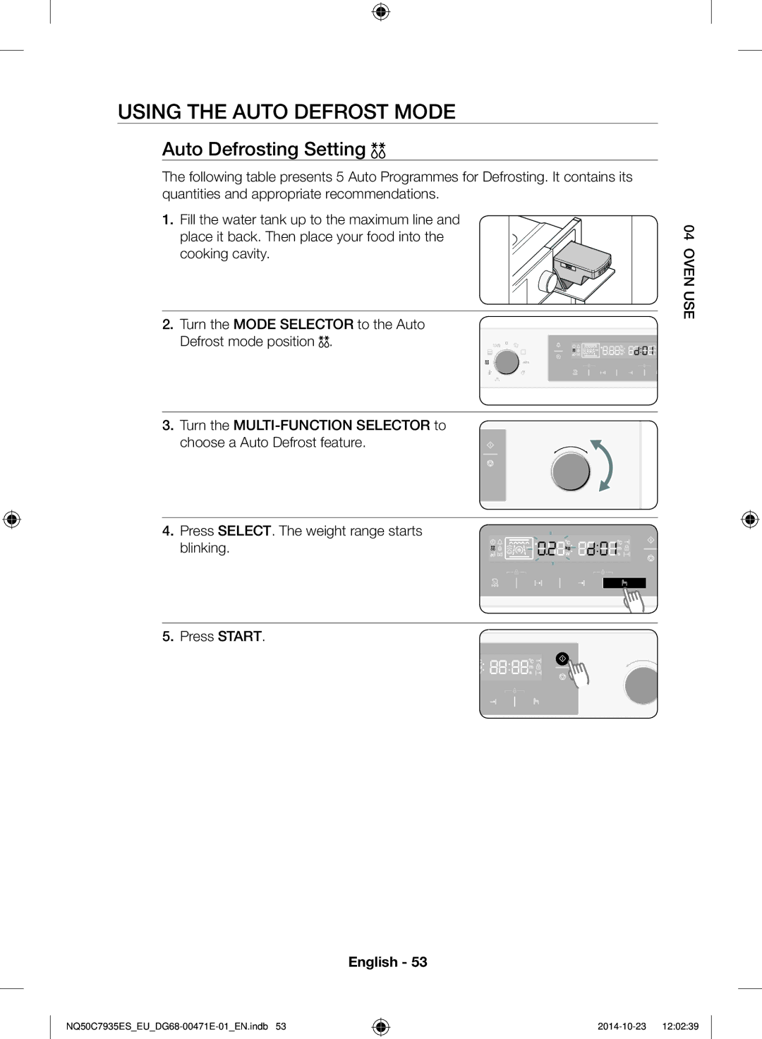 Samsung NQ50C7935ES/EU manual Using the auto defrost mode, Auto Defrosting Setting 