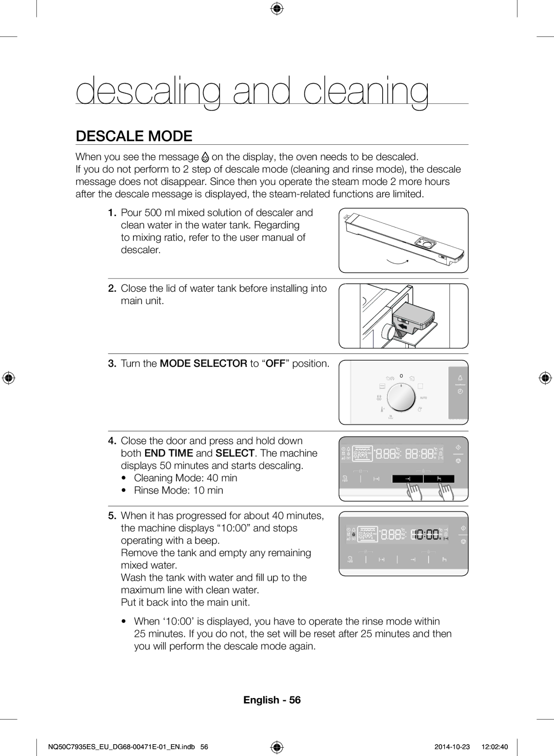 Samsung NQ50C7935ES/EU manual Descaling and cleaning, Descale mode 