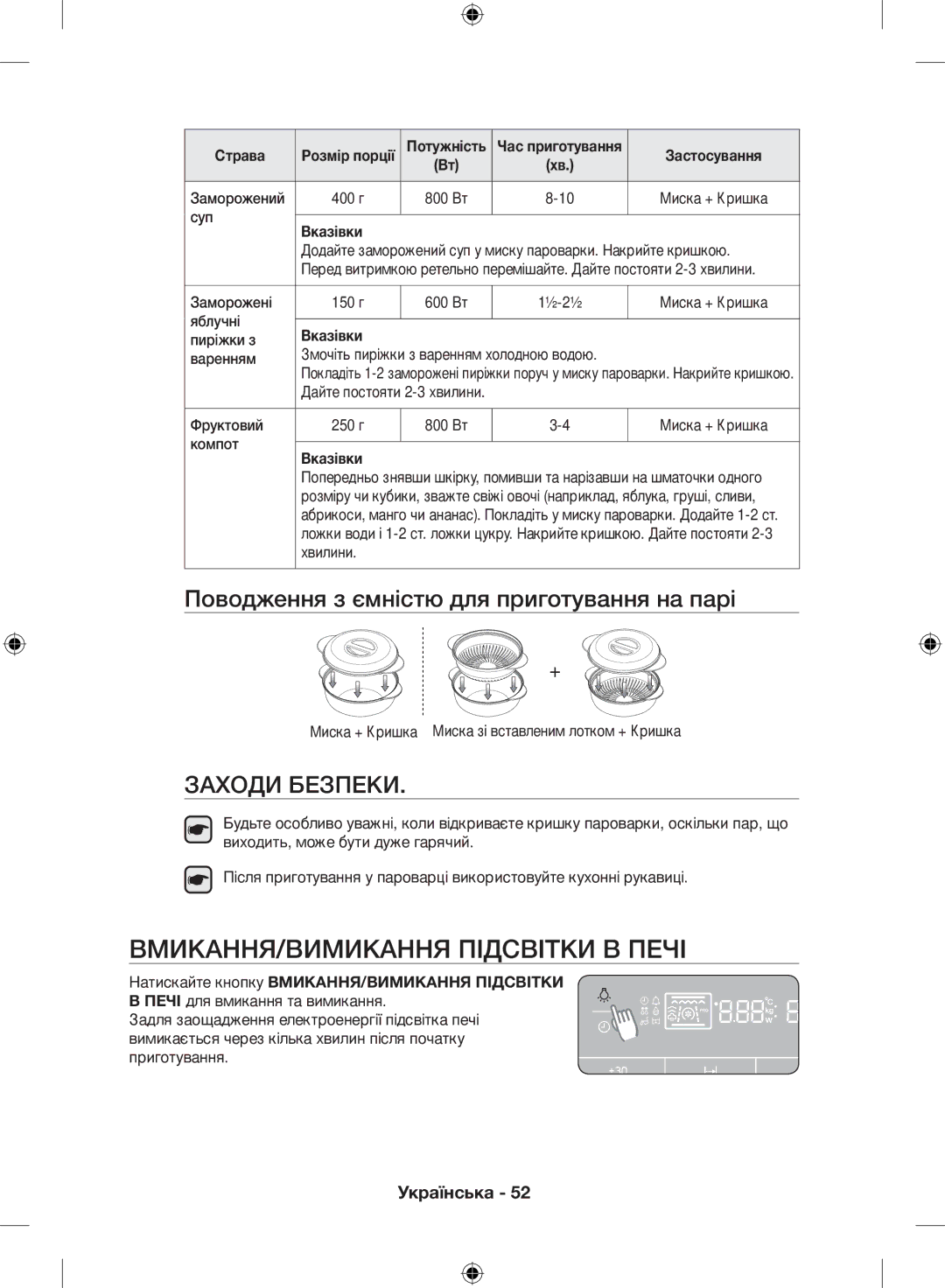 Samsung NQ50H5533KS/WT manual Вмикання/вимикання підсвітки в печі, Поводження з ємністю для приготування на парі 