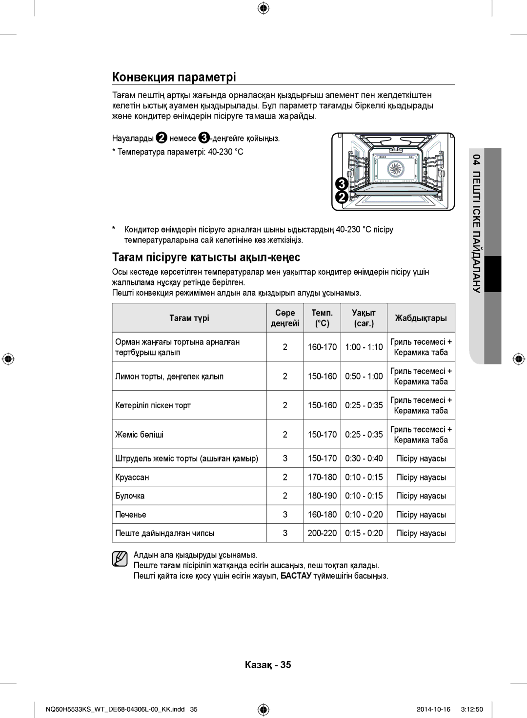 Samsung NQ50H5533KS/WT manual Конвекция параметрі, Тағам түрі Сөре Темп Уақыт Жабдықтары 