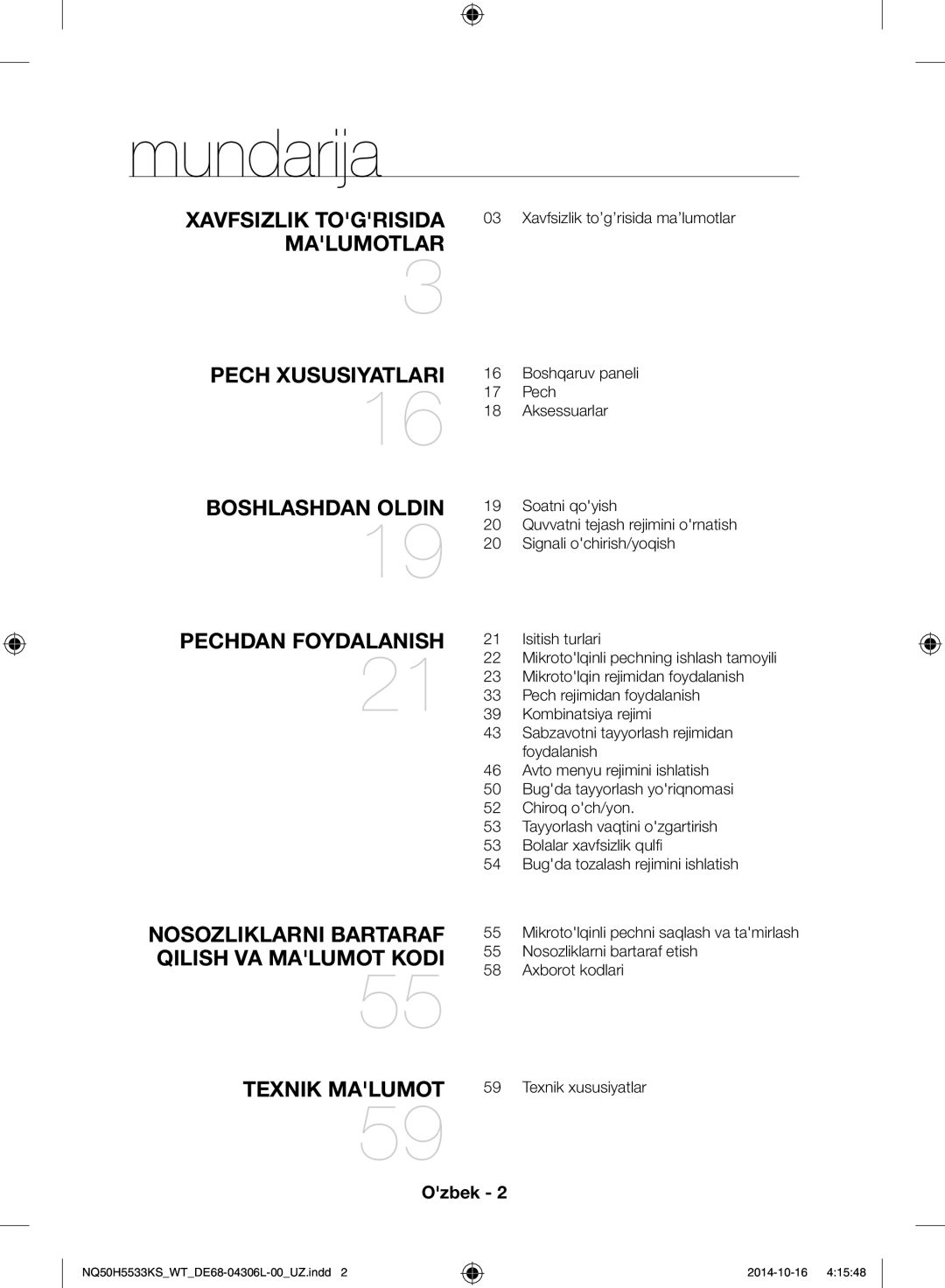 Samsung NQ50H5533KS/WT manual Mundarija, Xavfsizlik togrisida 03 Xavfsizlik to’g’risida ma’lumotlar, Texnik xususiyatlar 