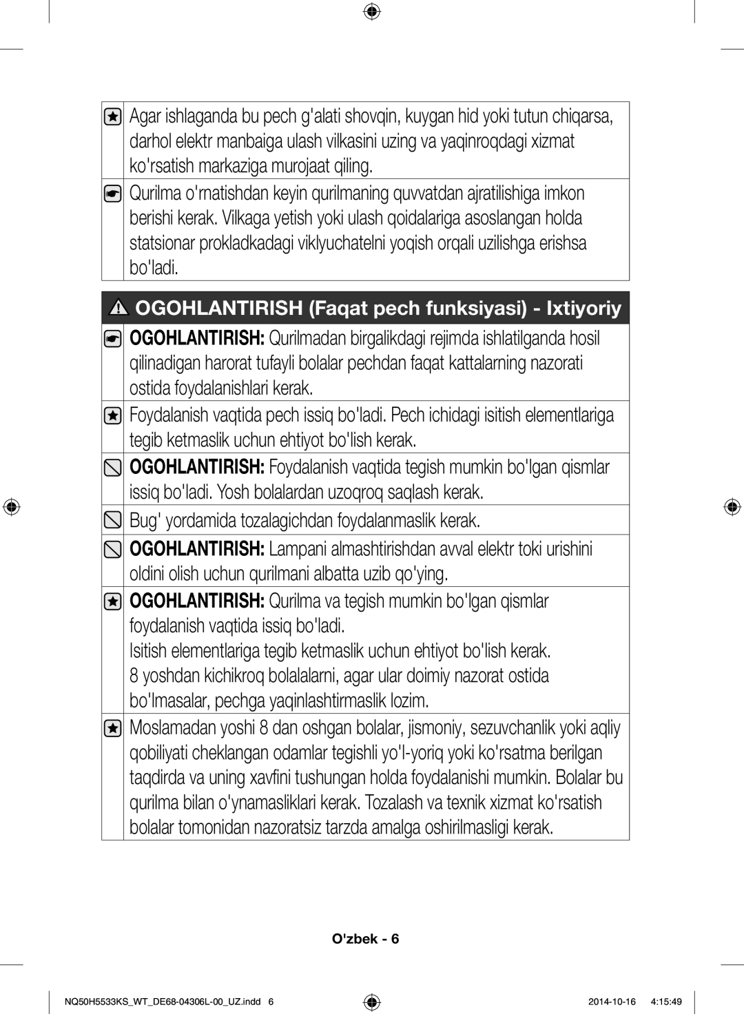 Samsung NQ50H5533KS/WT manual Bug yordamida tozalagichdan foydalanmaslik kerak 