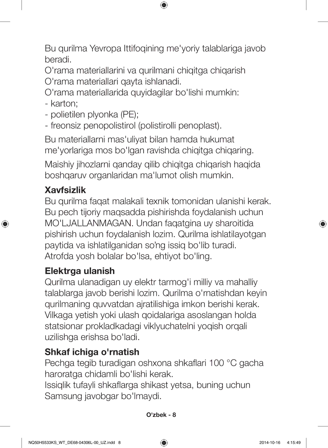 Samsung NQ50H5533KS/WT manual Xavfsizlik, Elektrga ulanish, Shkaf ichiga ornatish 