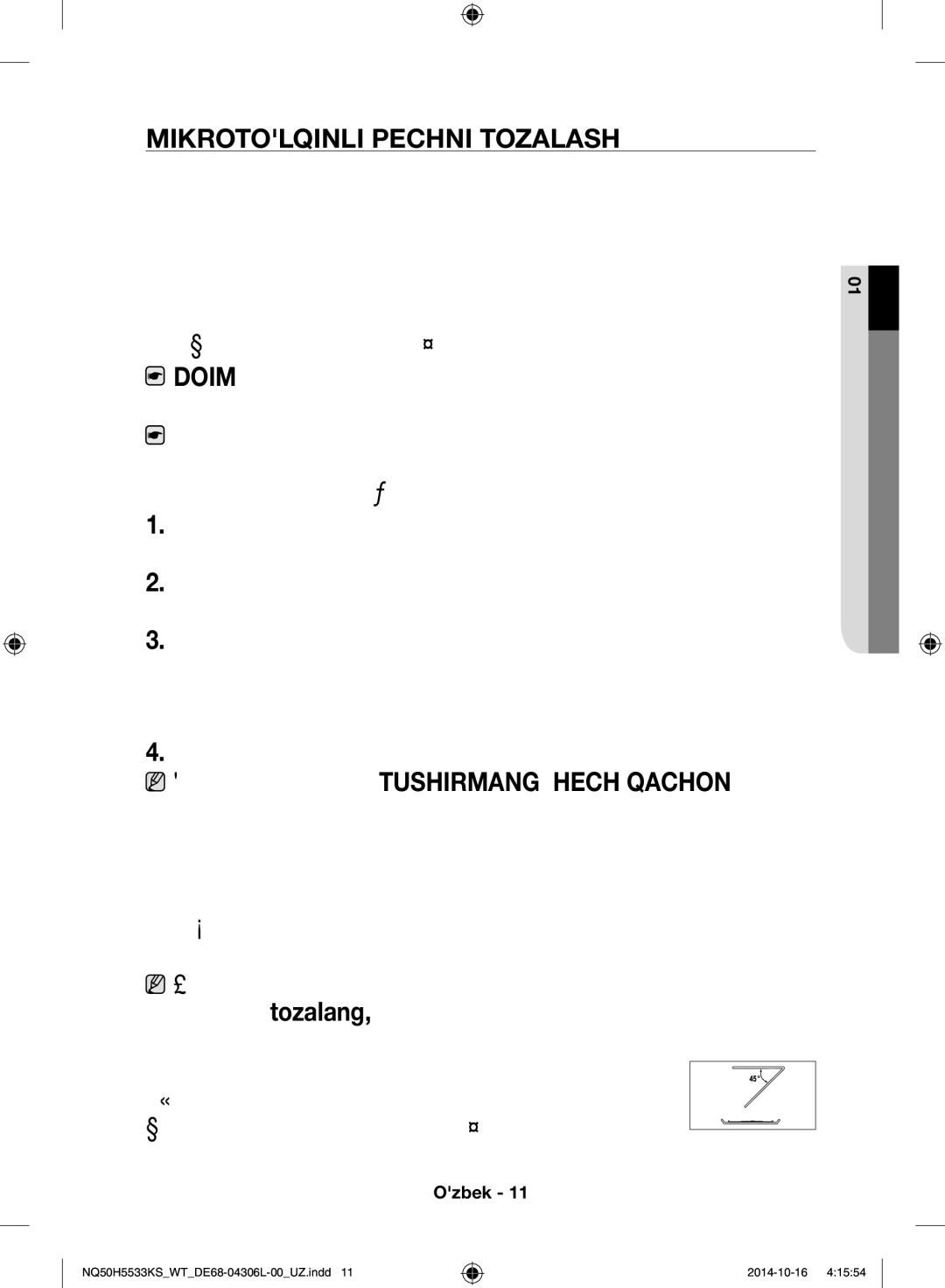 Samsung NQ50H5533KS/WT manual Mikrotolqinli pechni tozalash 