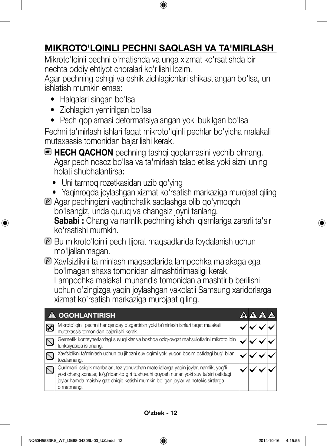 Samsung NQ50H5533KS/WT manual Mikrotolqinli pechni saqlash va tamirlash, Ogohlantirish 