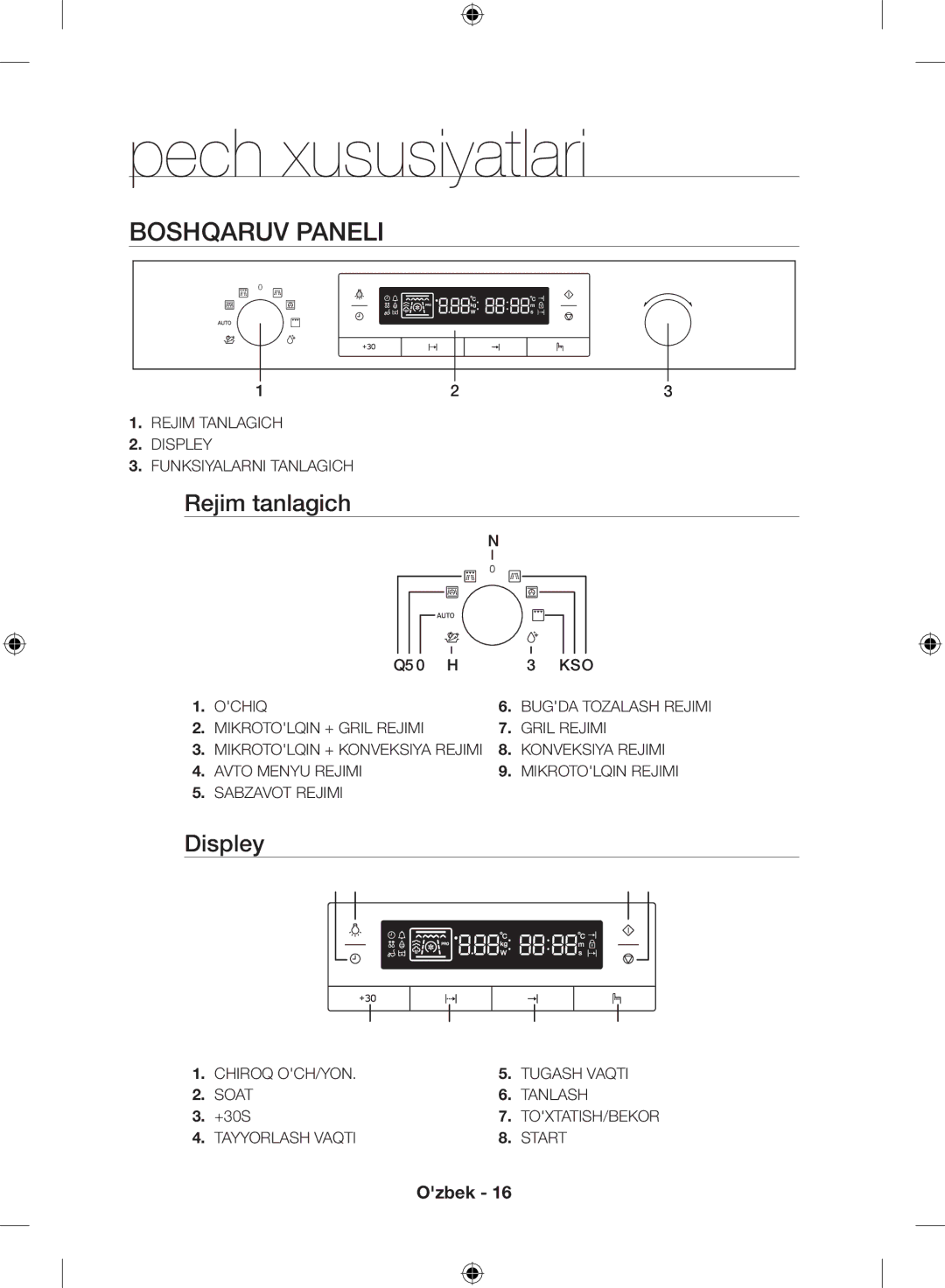 Samsung NQ50H5533KS/WT manual Pech xususiyatlari, Boshqaruv paneli, Rejim tanlagich, Displey, Ochiq 