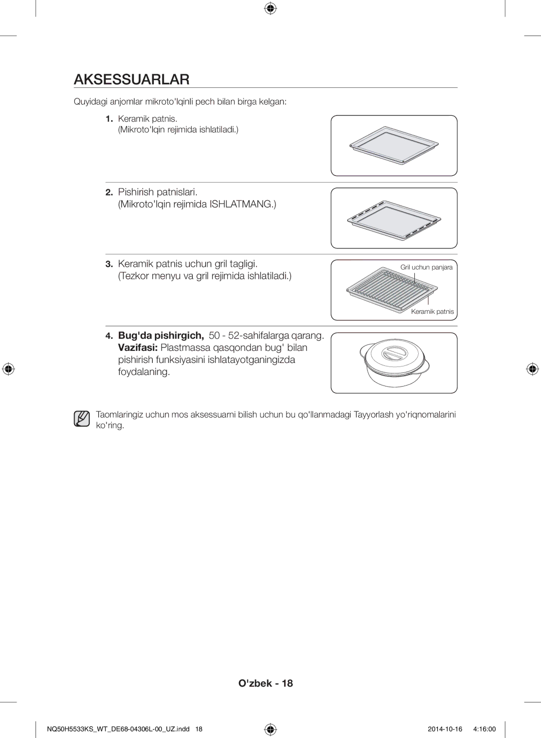 Samsung NQ50H5533KS/WT manual Aksessuarlar, Pishirish patnislari Mikrotolqin rejimida Ishlatmang 