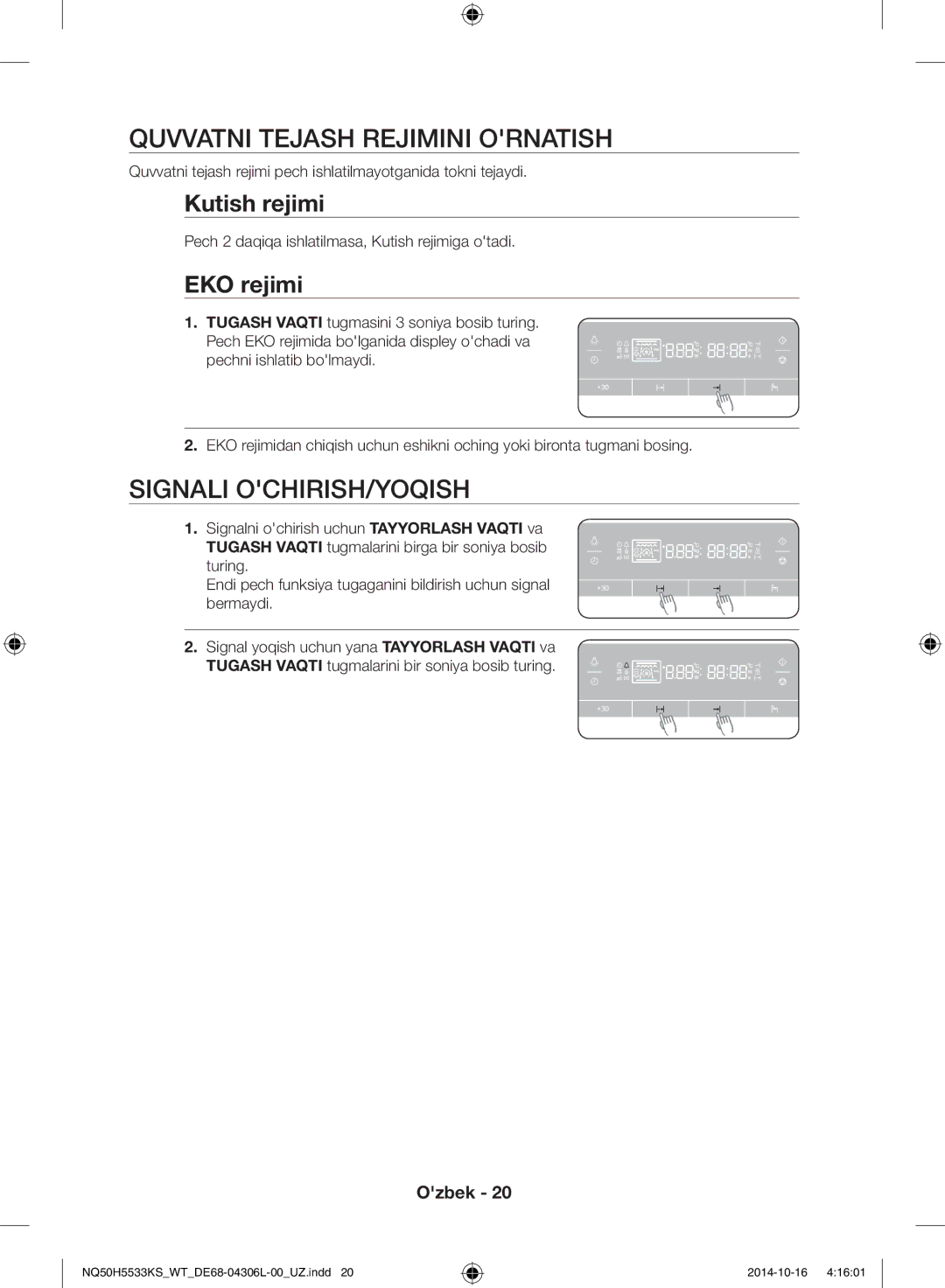 Samsung NQ50H5533KS/WT manual Quvvatni tejash rejimini ornatish, Signali ochirish/yoqish, Kutish rejimi, EKO rejimi 