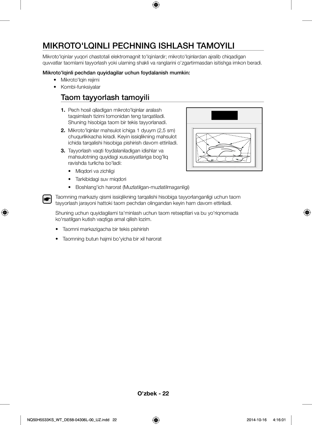 Samsung NQ50H5533KS/WT manual Mikrotolqinli pechning ishlash tamoyili, Taom tayyorlash tamoyili 