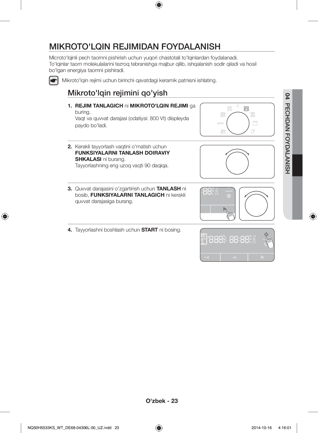 Samsung NQ50H5533KS/WT Mikrotolqin rejimidan foydalanish, Mikrotolqin rejimini qoyish, Funksiyalarni Tanlash Doiraviy 