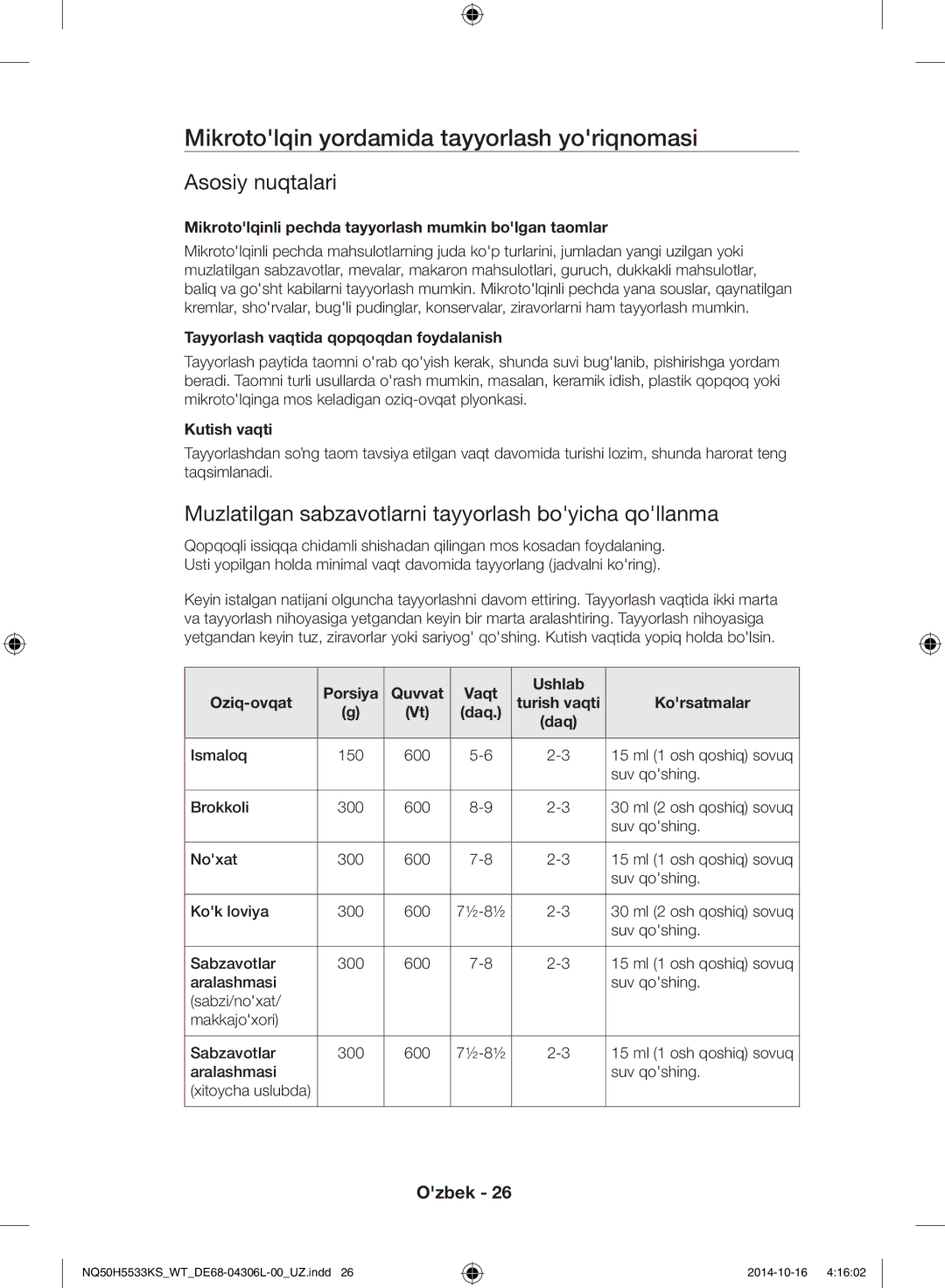 Samsung NQ50H5533KS/WT manual Mikrotolqin yordamida tayyorlash yoriqnomasi, Asosiy nuqtalari 