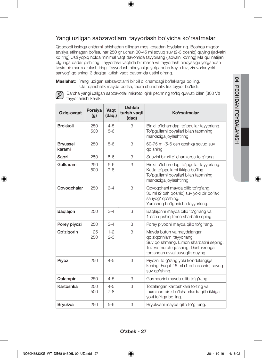 Samsung NQ50H5533KS/WT manual Yangi uzilgan sabzavotlarni tayyorlash boyicha korsatmalar, Porsiya Vaqt Ushlab Oziq-ovqat 