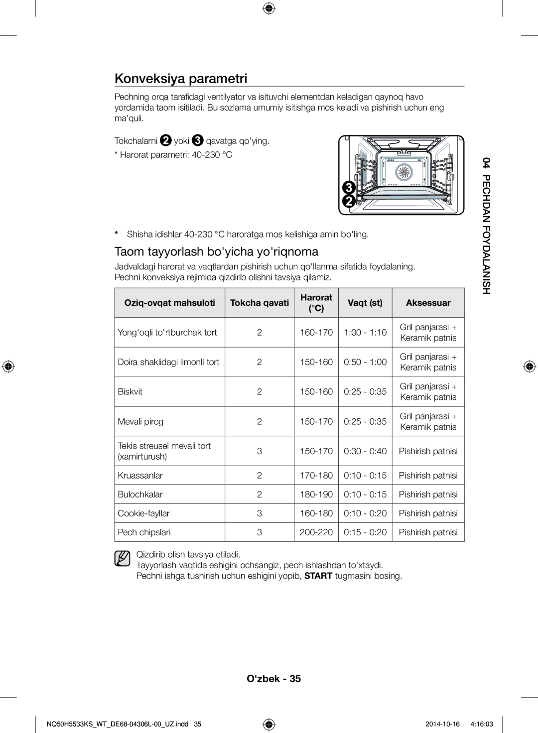 Samsung NQ50H5533KS/WT manual Konveksiya parametri 