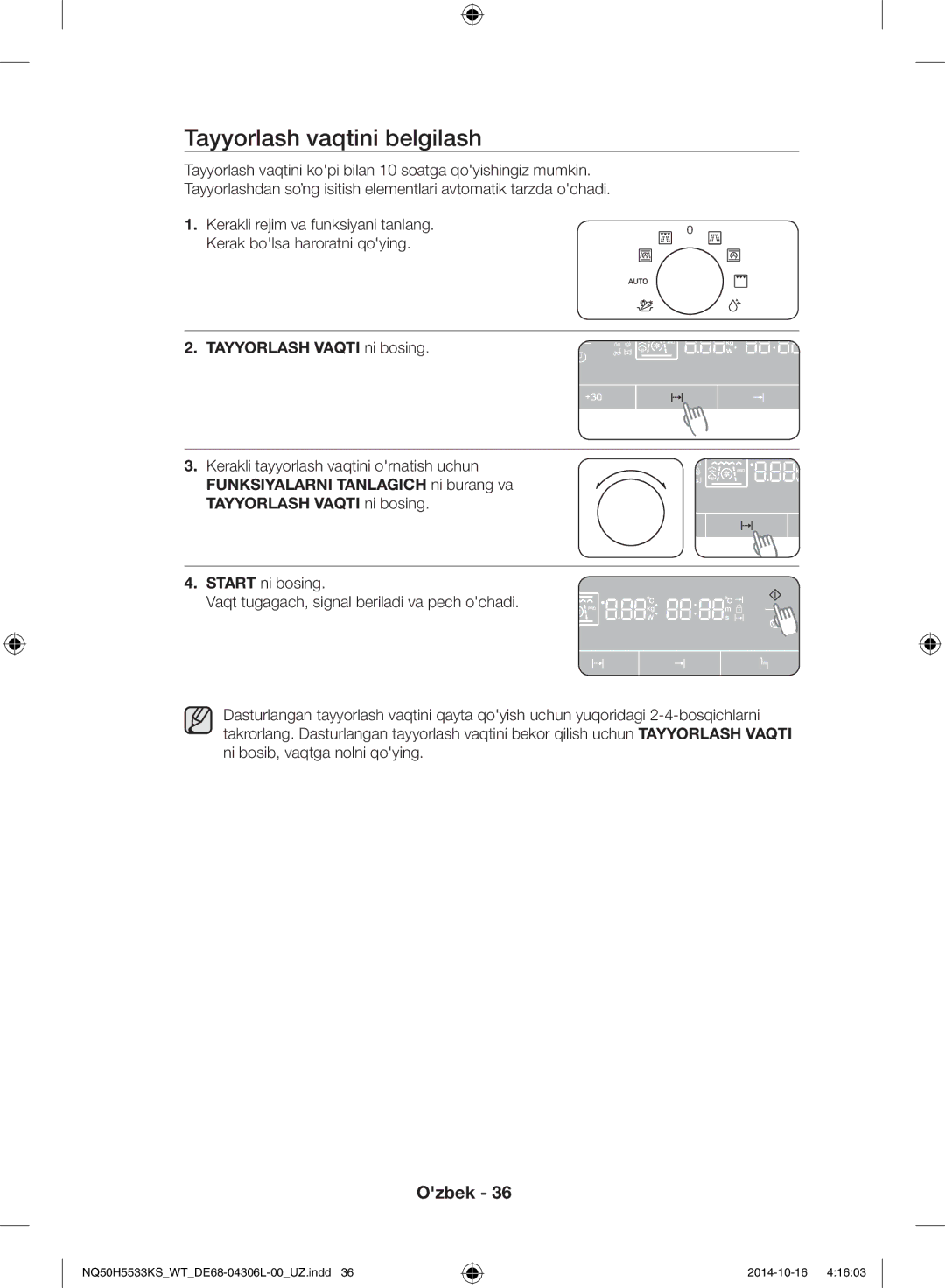 Samsung NQ50H5533KS/WT manual Tayyorlash vaqtini belgilash, Tayyorlash Vaqti ni bosing 