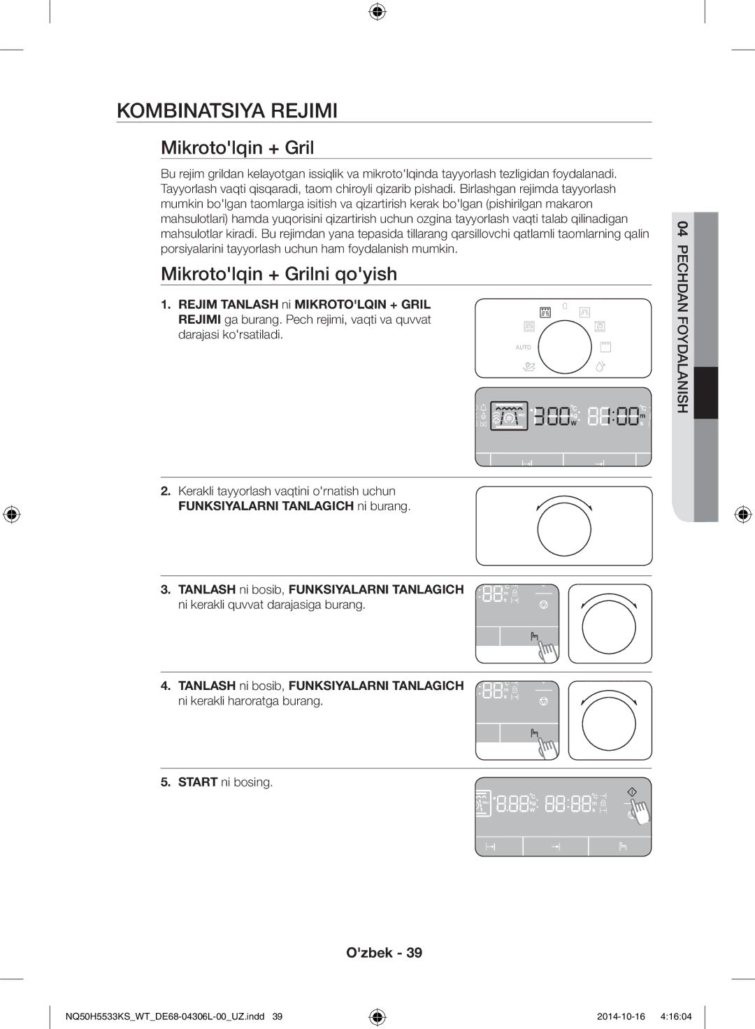 Samsung NQ50H5533KS/WT manual Kombinatsiya rejimi, Mikrotolqin + Grilni qoyish 