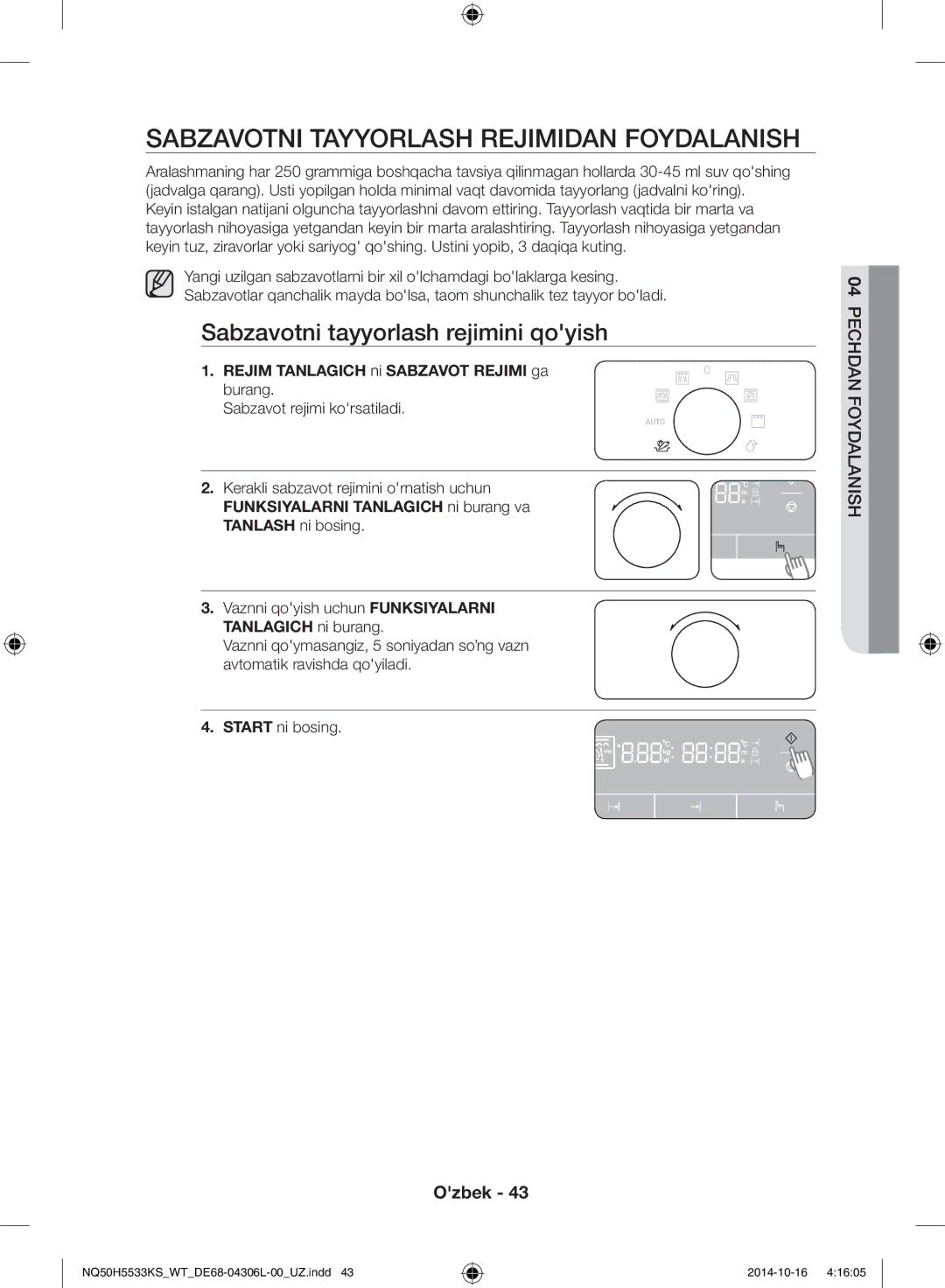 Samsung NQ50H5533KS/WT manual Sabzavotni tayyorlash rejimidan foydalanish, Sabzavotni tayyorlash rejimini qoyish 