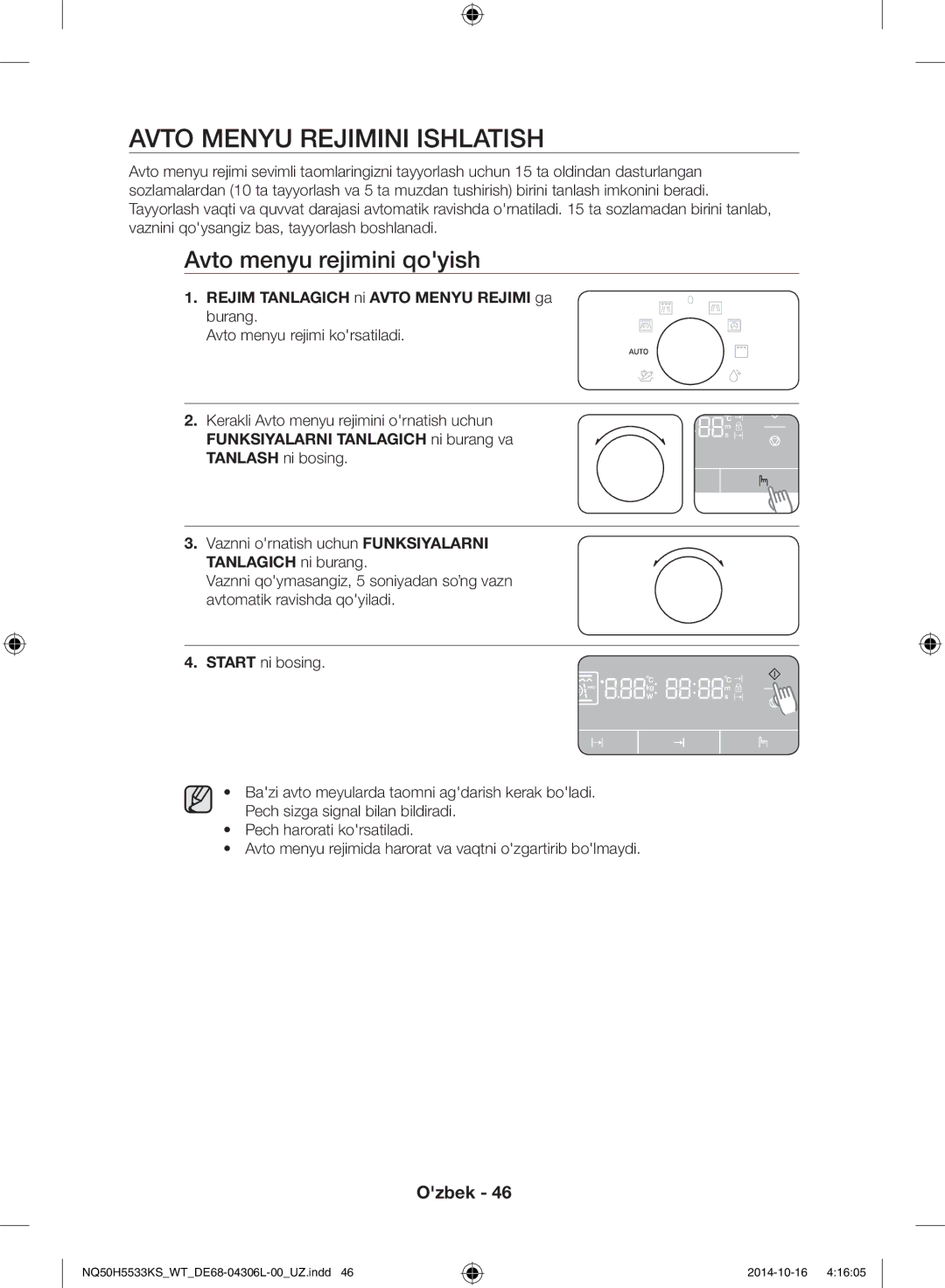 Samsung NQ50H5533KS/WT manual Avto menyu rejimini ishlatish, Avto menyu rejimini qoyish 