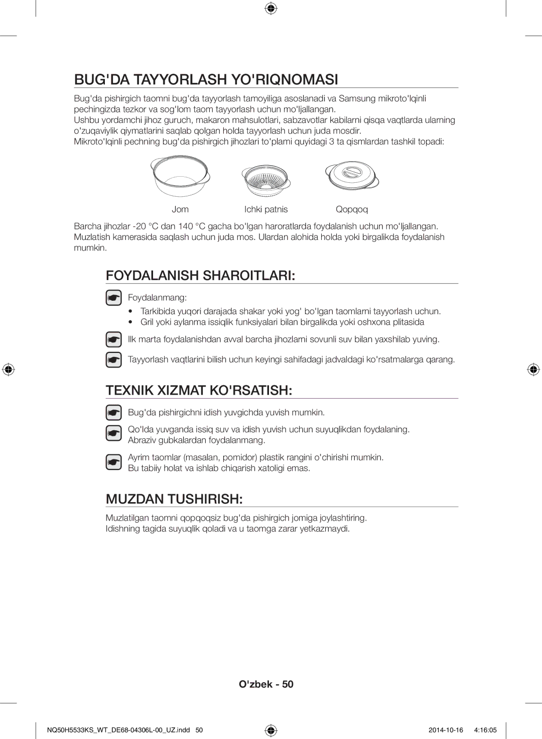 Samsung NQ50H5533KS/WT manual Bugda tayyorlash yoriqnomasi, Foydalanish Sharoitlari 