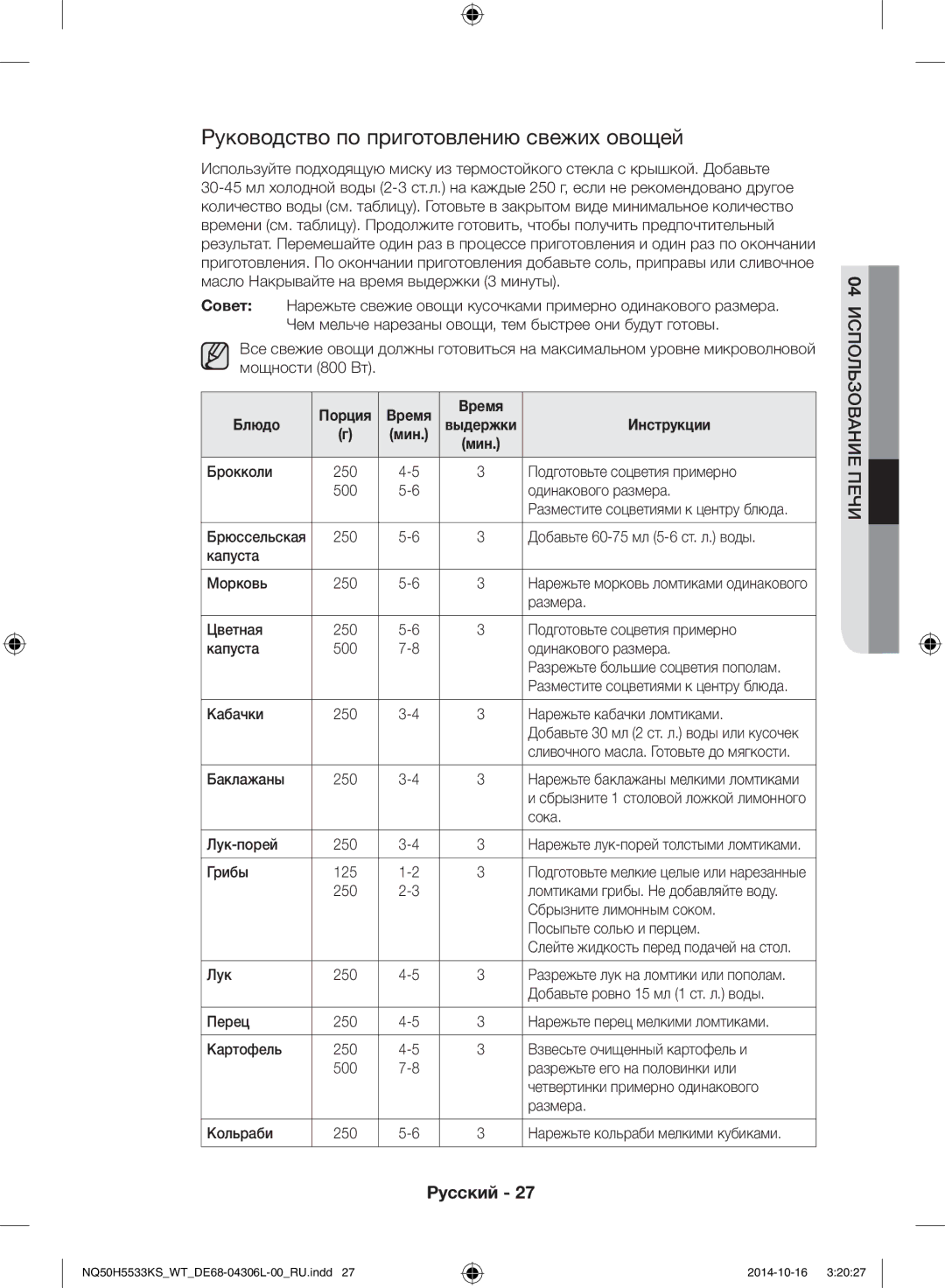 Samsung NQ50H5533KS/WT manual Руководство по приготовлению свежих овощей 