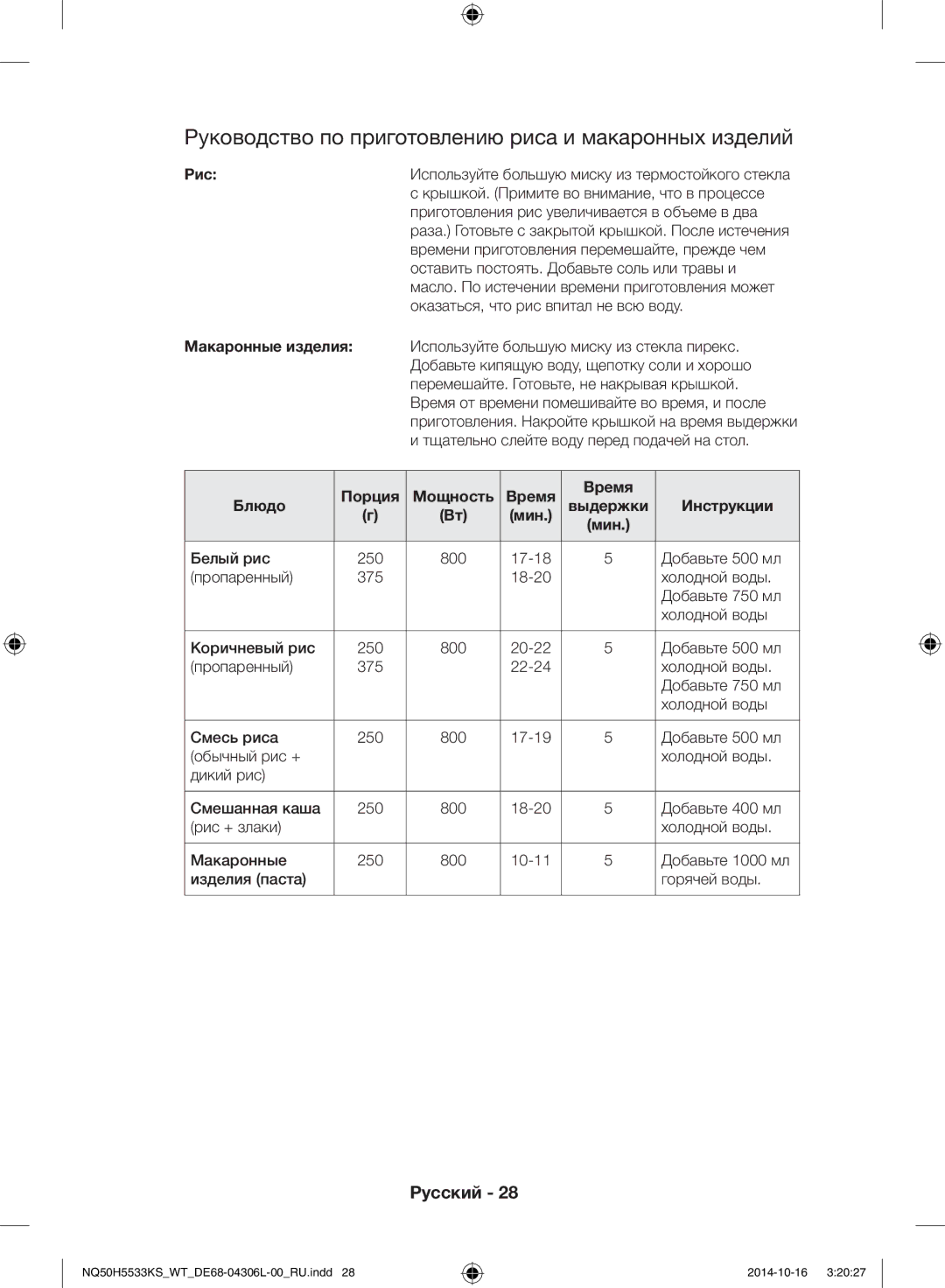 Samsung NQ50H5533KS/WT manual Руководство по приготовлению риса и макаронных изделий, Рис, Макаронные изделия 