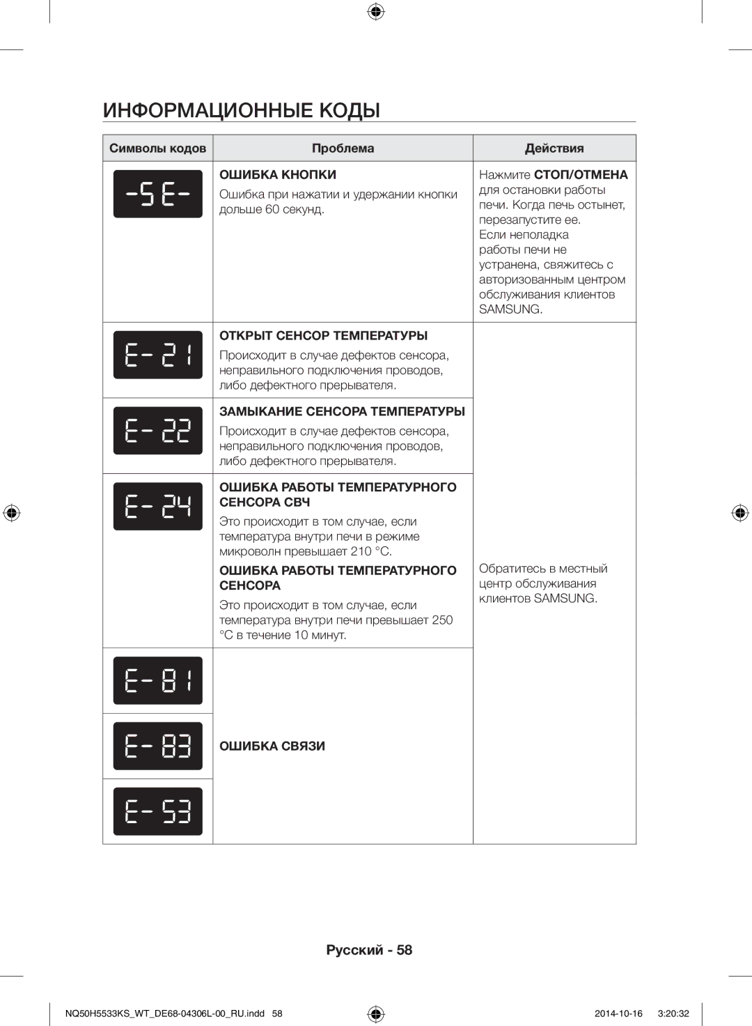 Samsung NQ50H5533KS/WT manual Информационные коды 