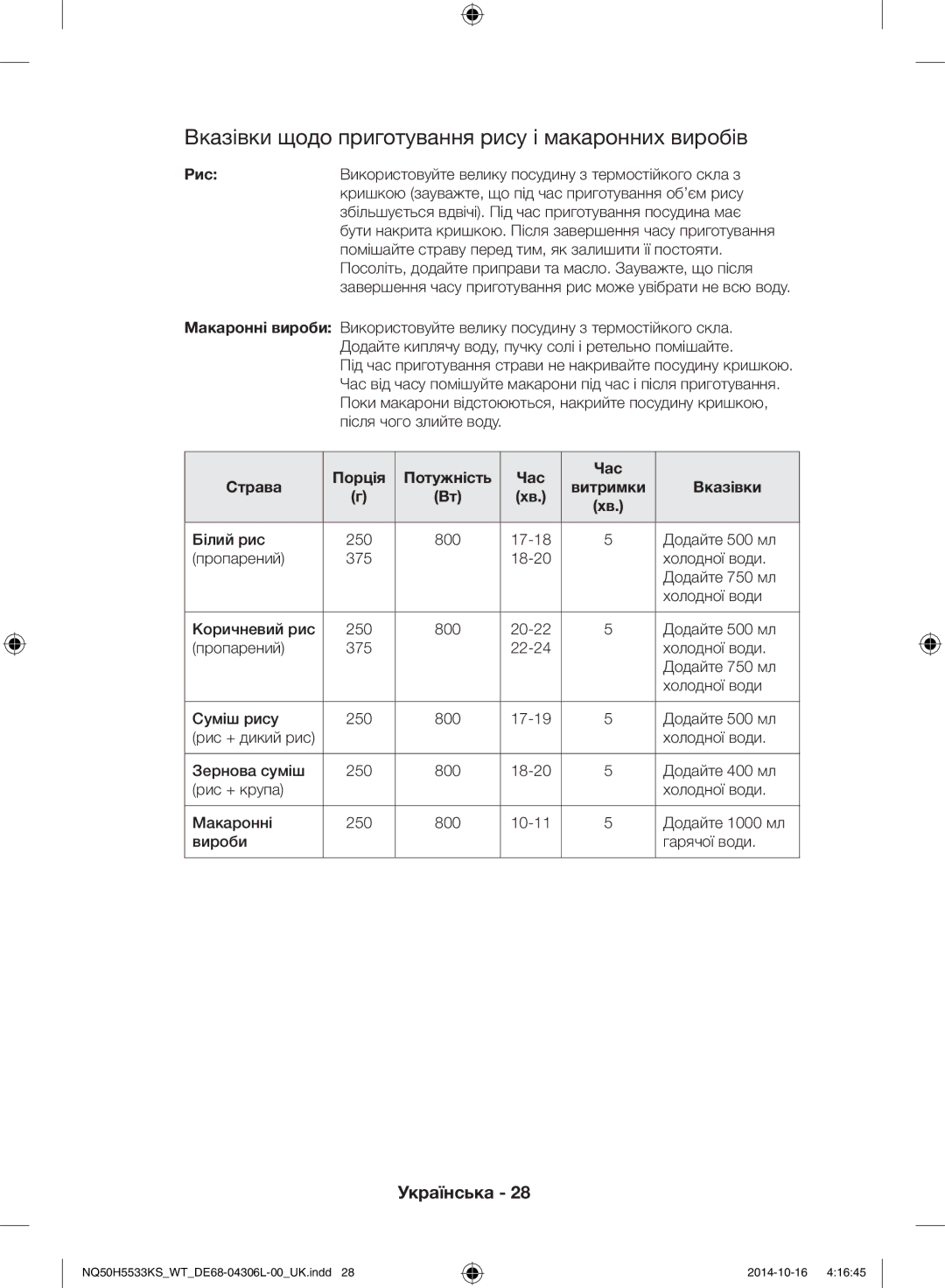 Samsung NQ50H5533KS/WT manual Вказівки щодо приготування рису і макаронних виробів 