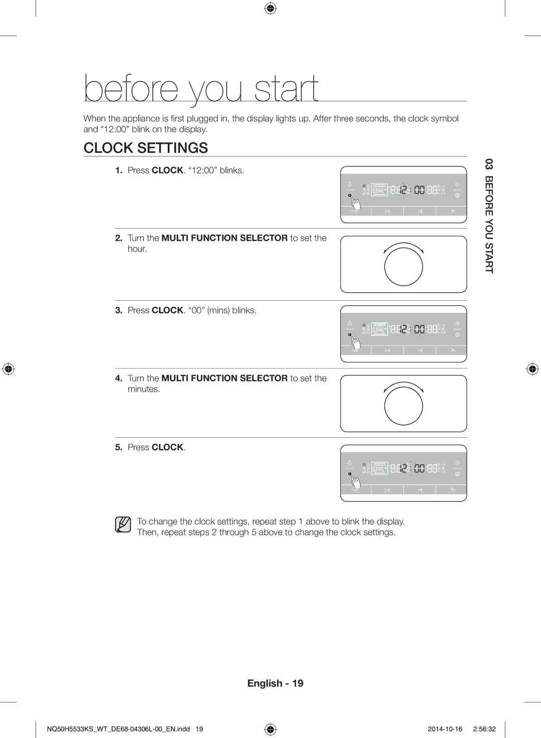 Samsung NQ50H5533KS/WT manual Clock settings, Turn the Multi Function Selector to set 