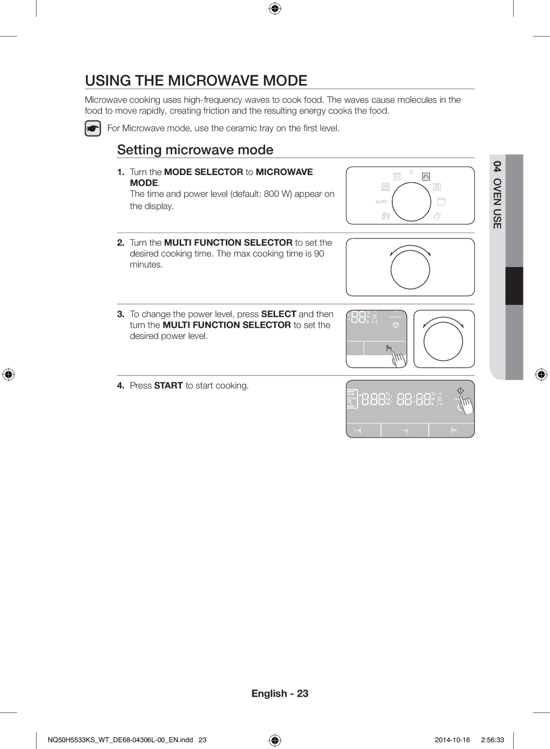 Samsung NQ50H5533KS/WT manual Using the microwave mode, Setting microwave mode, Turn the Mode Selector to Microwave Mode 