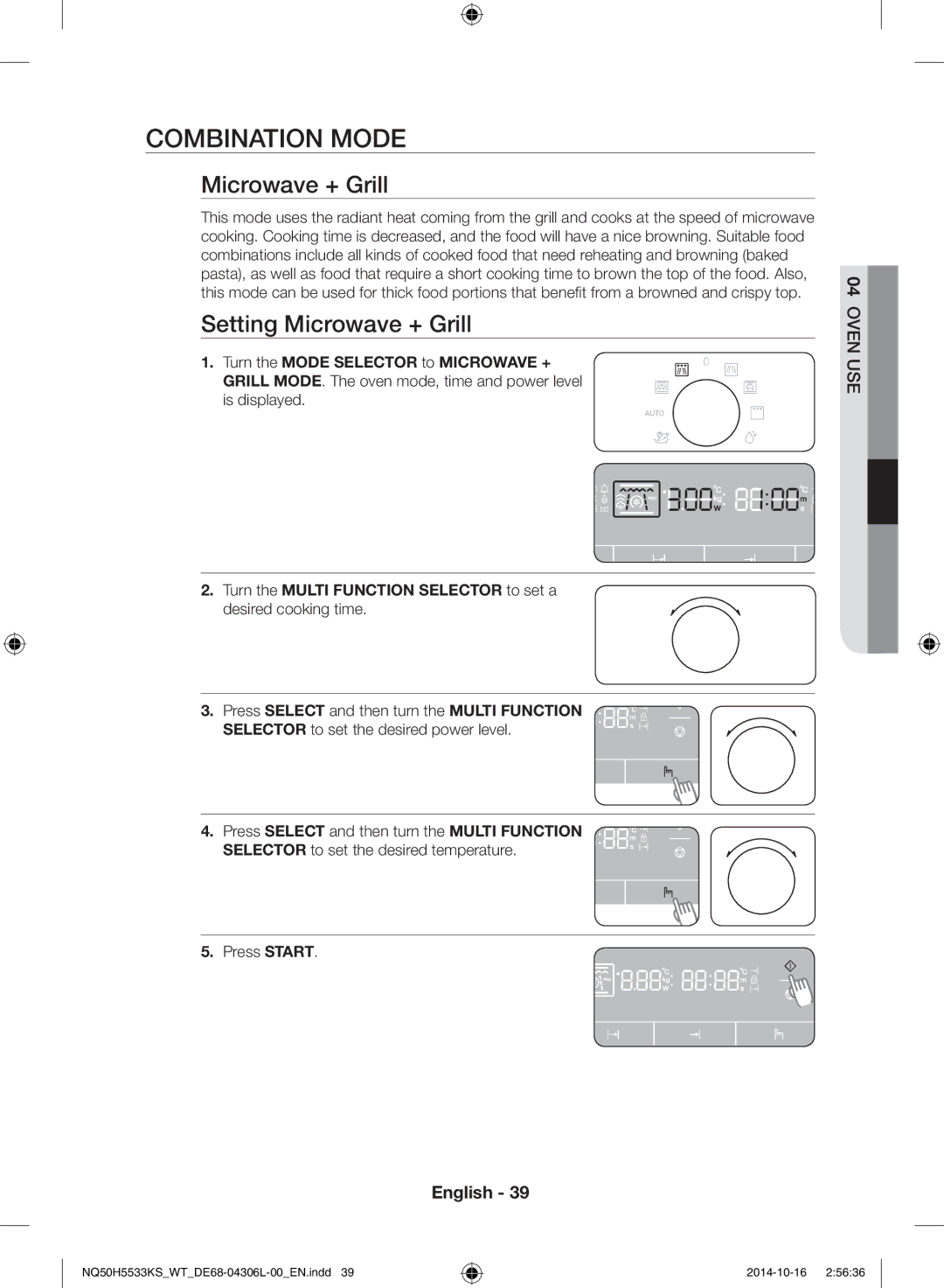 Samsung NQ50H5533KS/WT manual Combination mode, Setting Microwave + Grill 