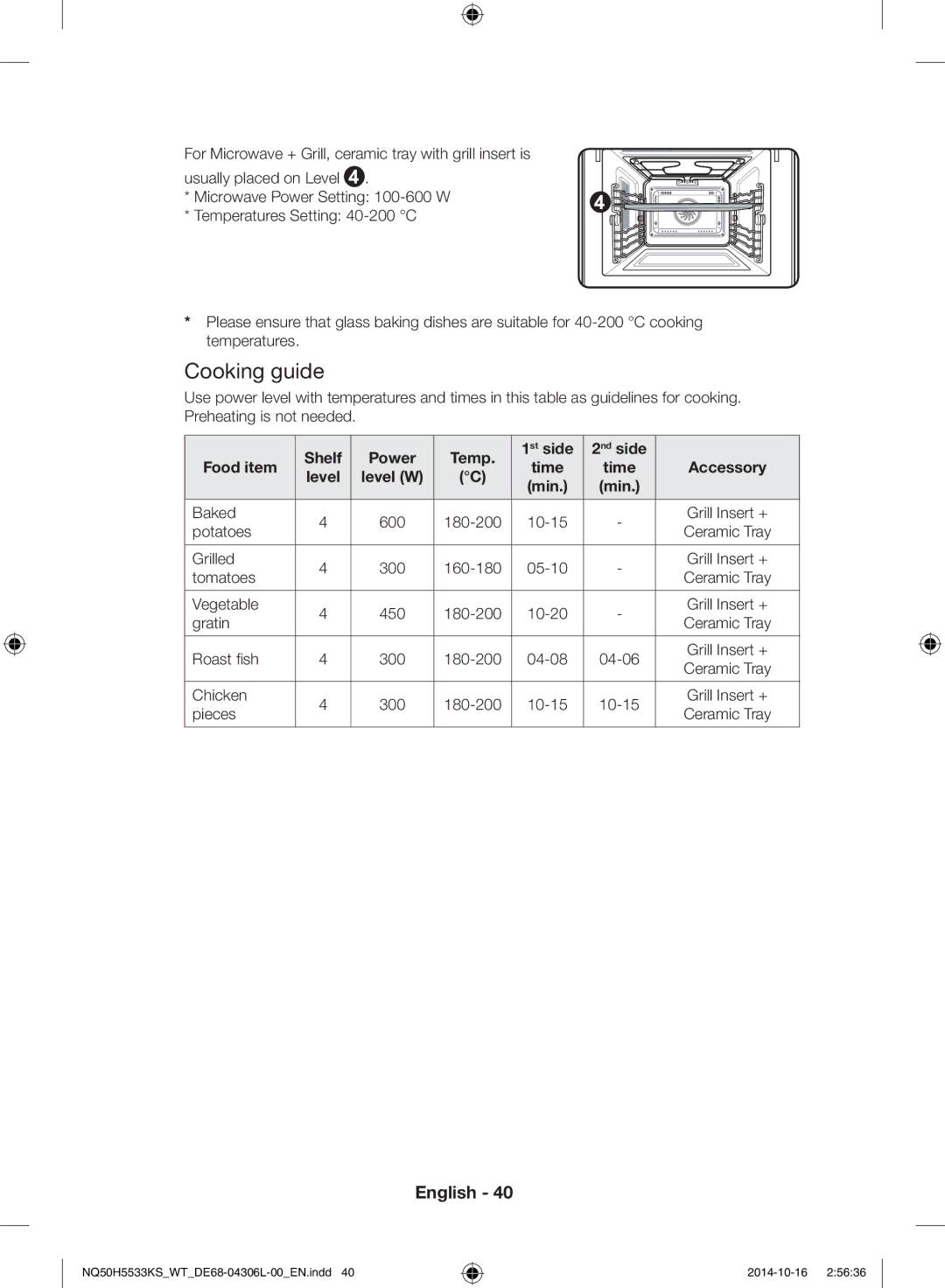 Samsung NQ50H5533KS/WT manual Cooking guide, Shelf Power Temp 1st side 2nd side Food item 