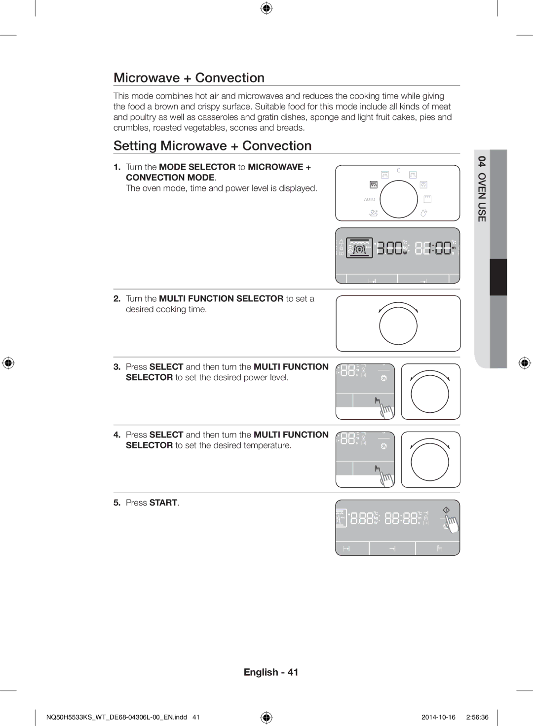 Samsung NQ50H5533KS/WT manual Setting Microwave + Convection, Turn the Mode Selector to Microwave + 