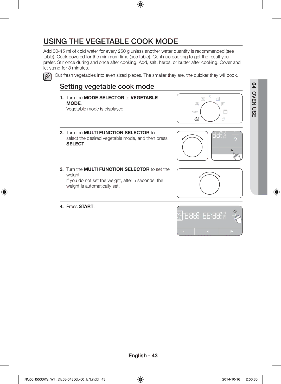 Samsung NQ50H5533KS/WT manual Using the vegetable cook mode, Setting vegetable cook mode 